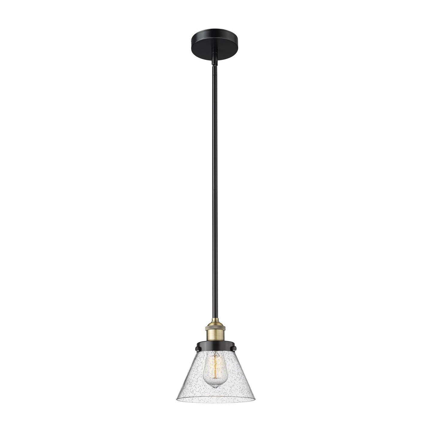 Innovations Cone 1-Light 7.75in Mini Pendant | Industrial Black Antique Brass Steel and Seedy Glass | Kitchen Island & Dining Room | Model 616-1SH-BAB-G44