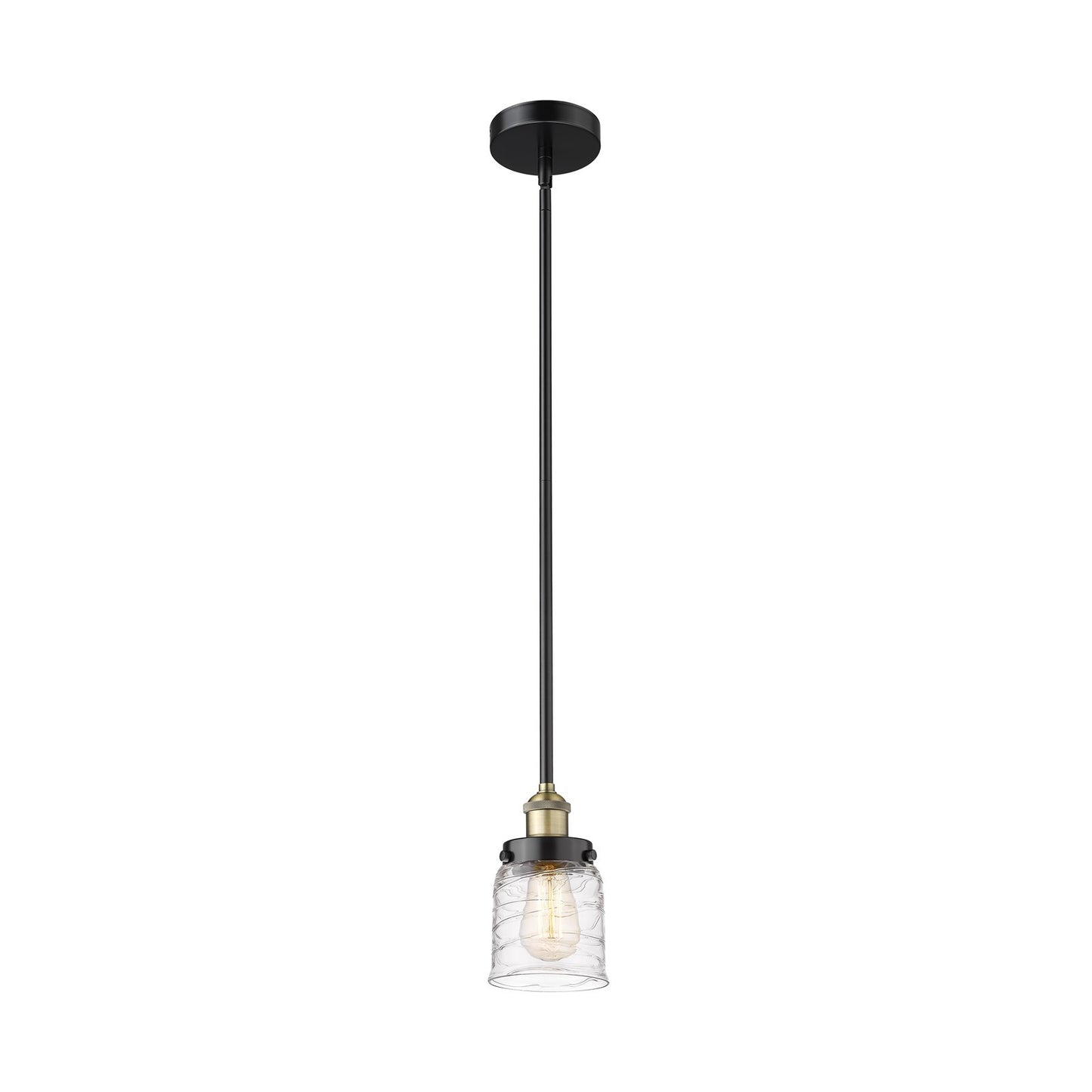 Innovations Bell 5in 1-Light Mini Pendant | Industrial Black Antique Brass Steel and Clear Deco Swirl Glass | Kitchen Island & | Model 616-1SH-BAB-G513