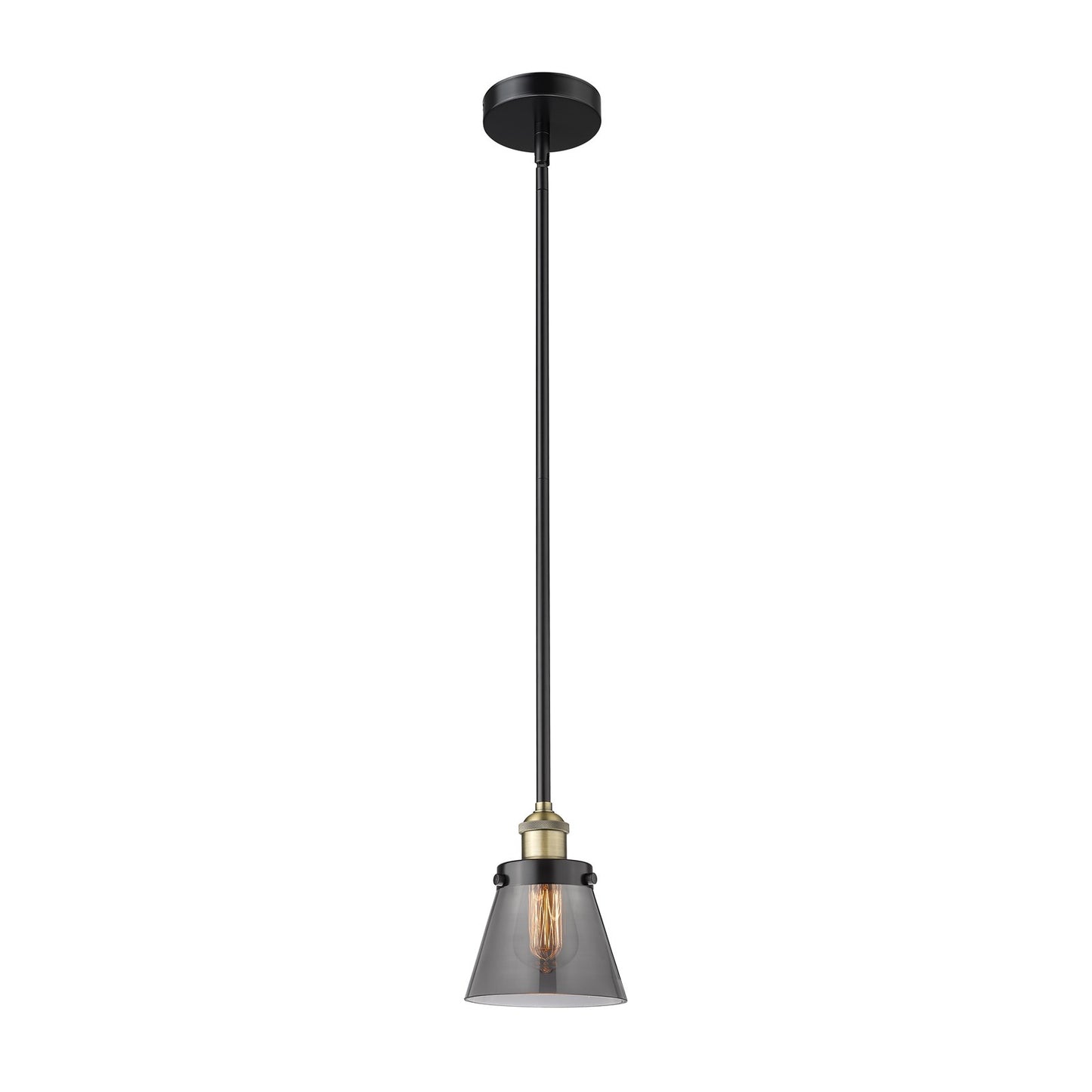 Innovations Cone 6.25in 1-Light Mini Pendant | Industrial Black Antique Brass Steel and Light Smoke Glass | Kitchen Island & | Model 616-1SH-BAB-G63