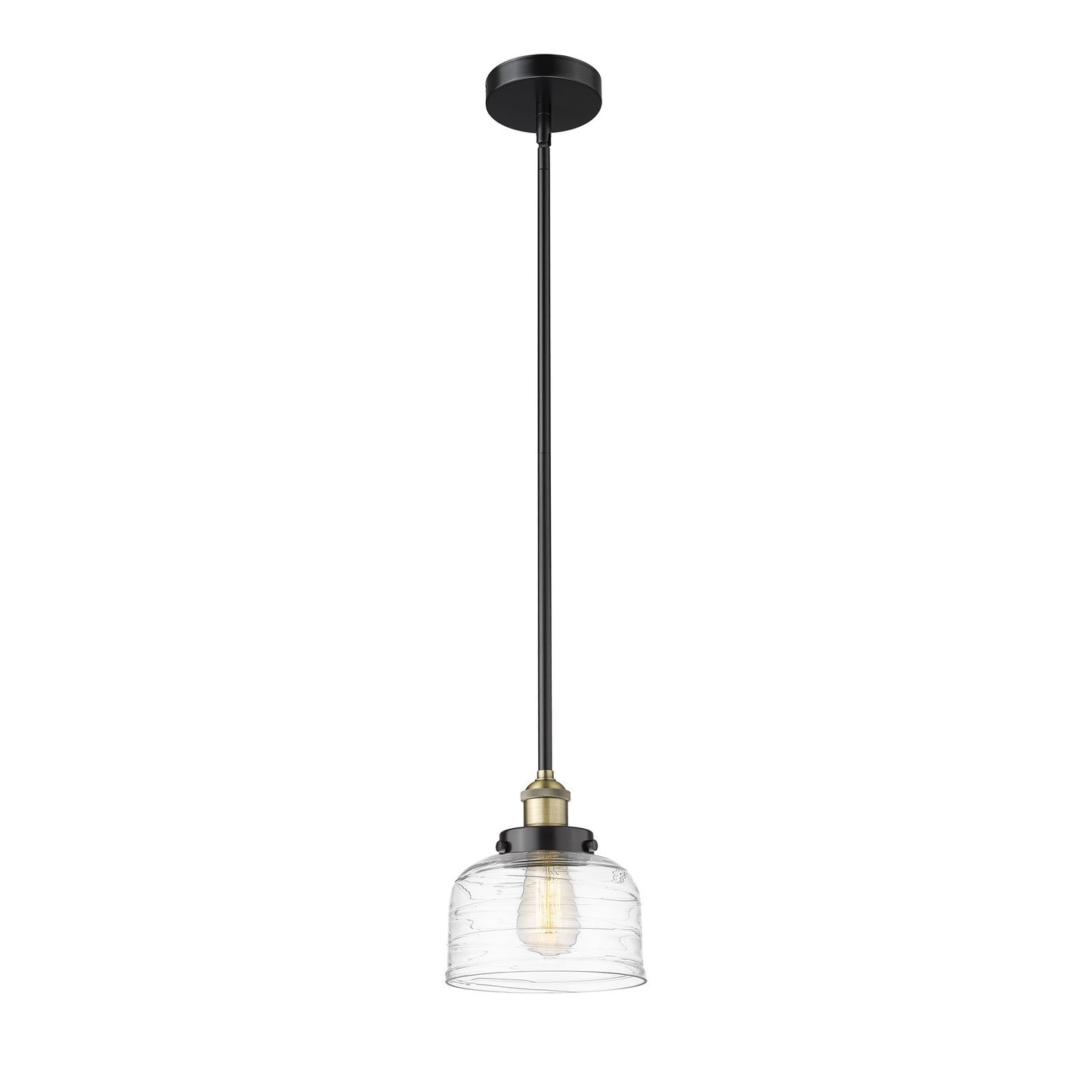 Innovations Bell 8in 1-Light Mini Pendant | Industrial Black Antique Brass and Clear Deco Swirl Glass | Kitchen Island & Dining | Model 616-1SH-BAB-G713