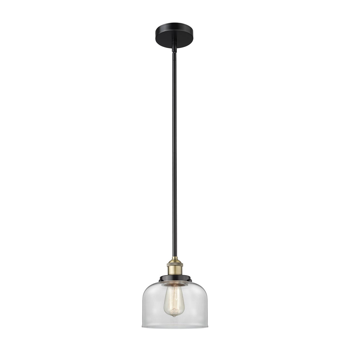 Innovations Bell 8in 1-Light Mini Pendant | Industrial Black Antique Brass and Clear Glass | Kitchen Island & Dining Room | 7.75 x | Model 616-1SH-BAB-G72
