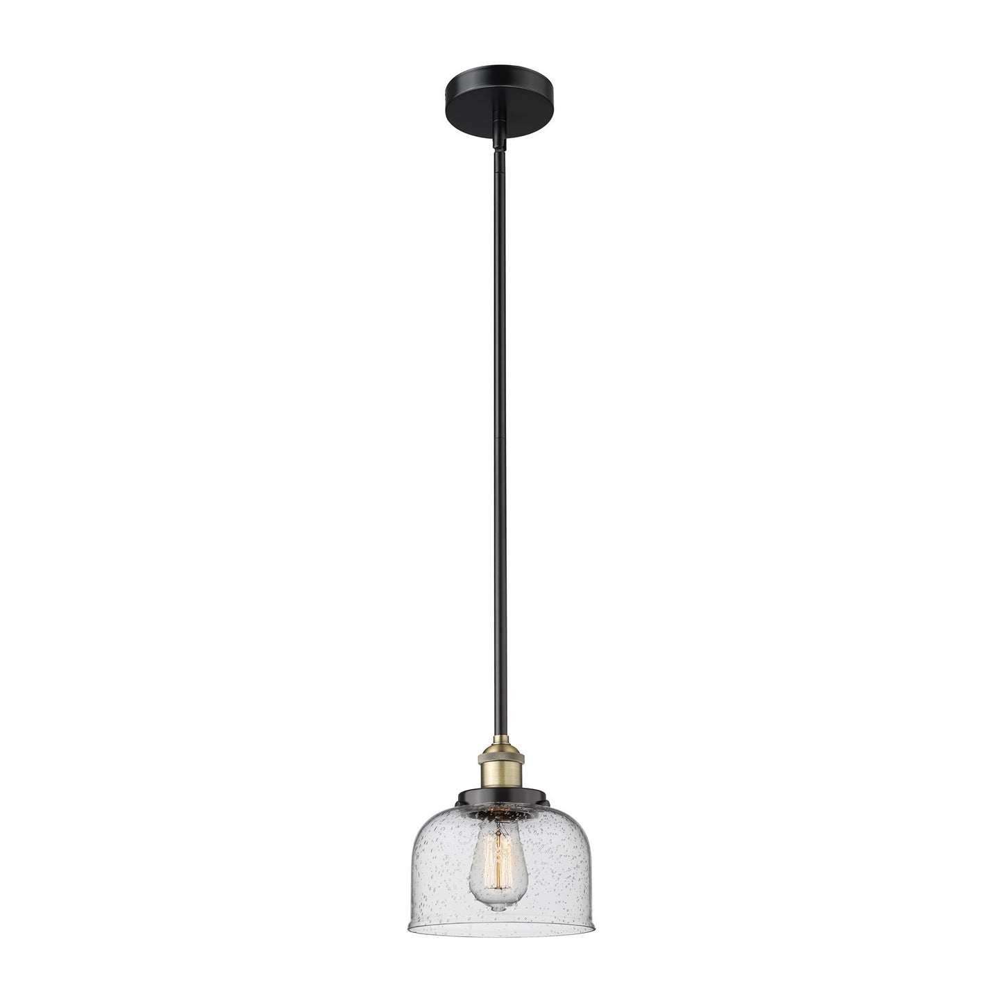 Innovations Bell 8in 1-Light Mini Pendant | Industrial Black Antique Brass Steel and Seedy Glass | Kitchen Island & Dining Room | Model 616-1SH-BAB-G74