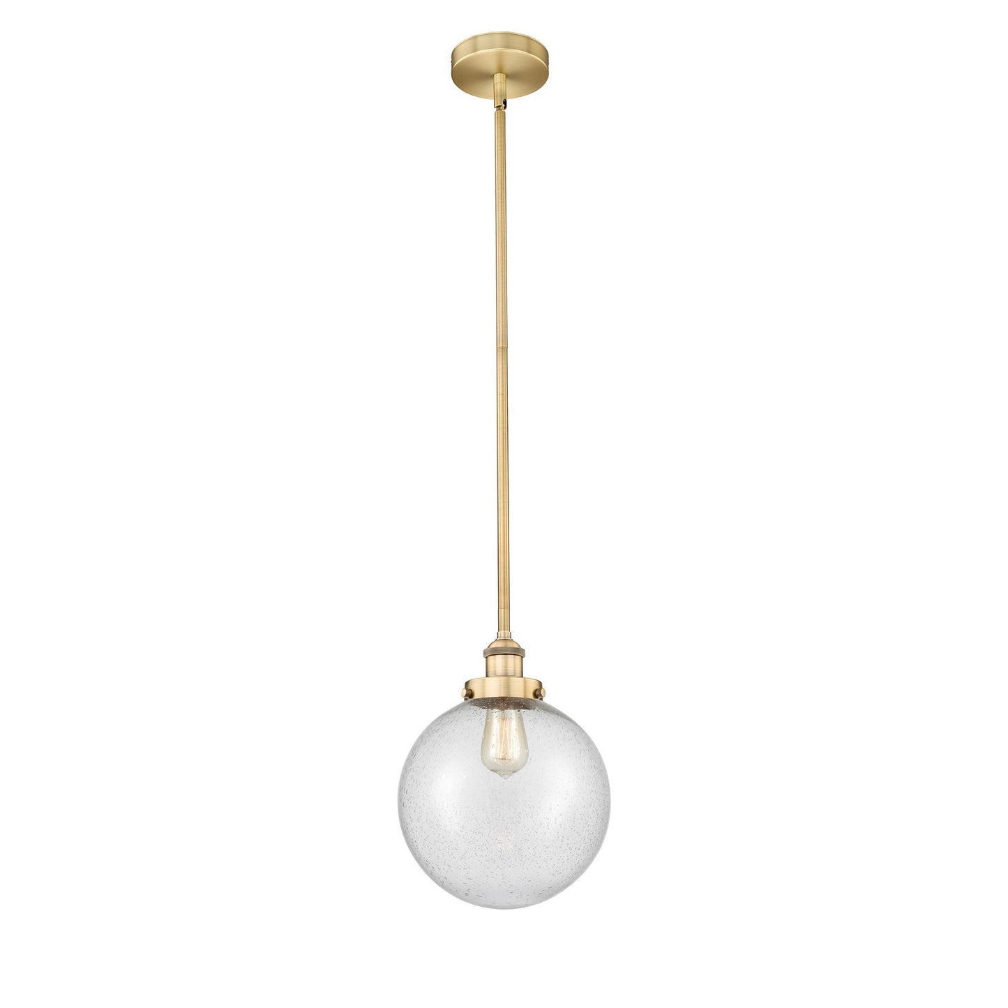 Innovations Beacon 10in 1-Light Mini Pendant | Industrial Brushed Brass Steel and Seedy Glass | Kitchen Island & Dining | Model 616-1SH-BB-G204-10-LED