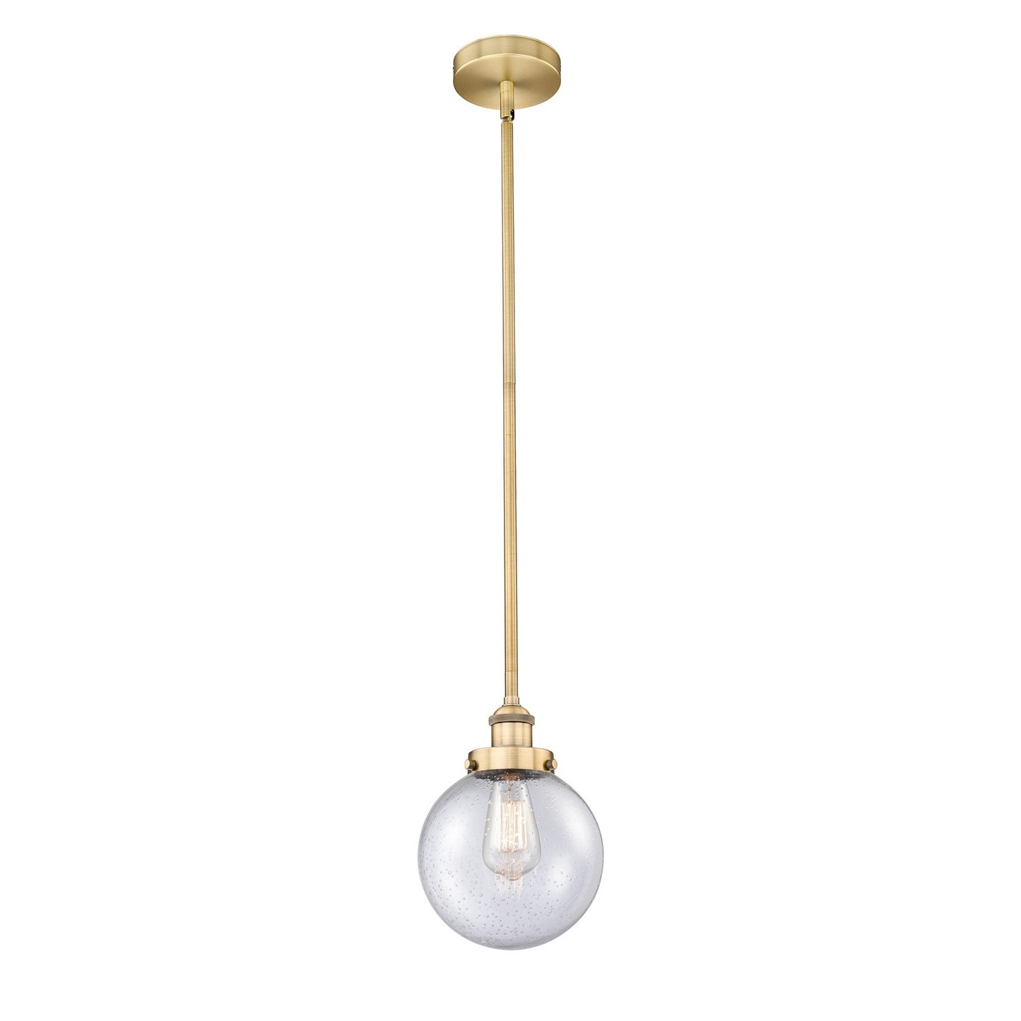 Innovations Beacon 8in 1-Light Mini Pendant | Industrial Brushed Brass and Seedy Glass | Kitchen Island & Dining Room | 8 x 8 x | Model 616-1SH-BB-G204-8