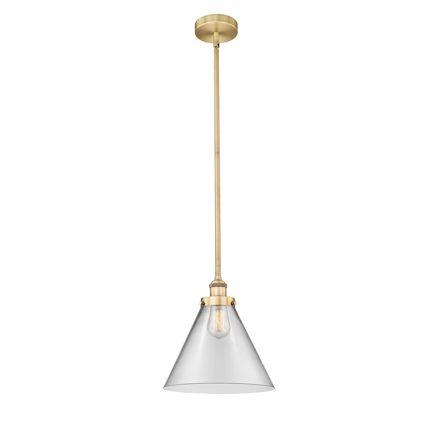 Innovations Cone 12in 1-Light Mini Pendant | Industrial Brushed Brass Steel and Clear Glass | Kitchen Island & Dining Room | Model 616-1SH-BB-G42-L-LED