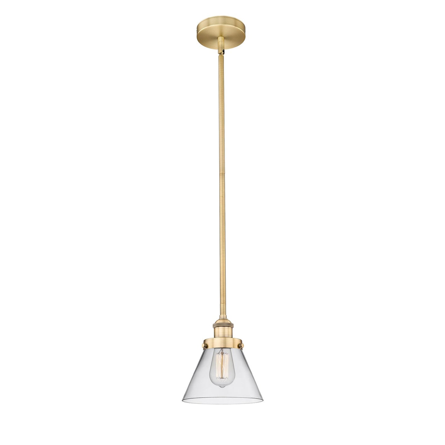 Innovations Cone 8in 1-Light Mini Pendant | Industrial Brushed Brass Steel and Clear Glass | Kitchen Island & Dining Room | Model 616-1SH-BB-G42-LED