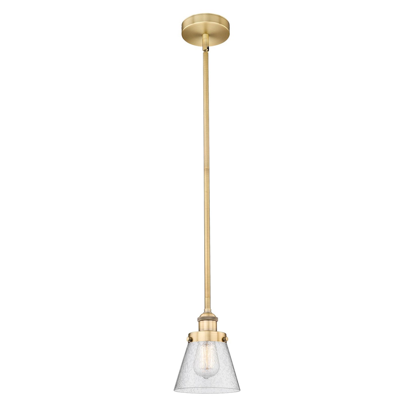 Innovations Cone 6.25in 1-Light Mini Pendant | Industrial Brushed Brass Steel and Seedy Glass | Kitchen Island & Dining Room | 6.25 | Model 616-1SH-BB-G64