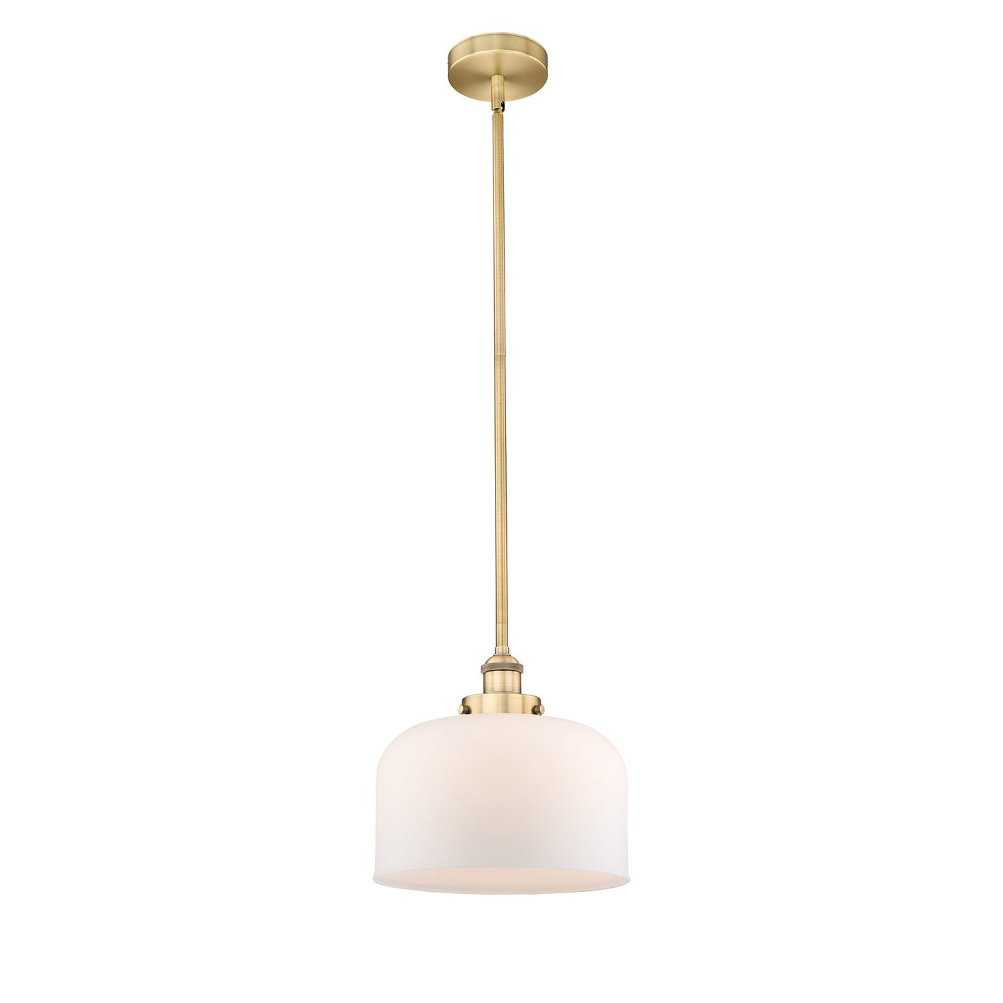 Innovations Bell 12in 1-Light Mini Pendant | Industrial Brushed Brass and Matte White Frosted Glass | Kitchen Island & Dining | Model 616-1SH-BB-G71-L-LED