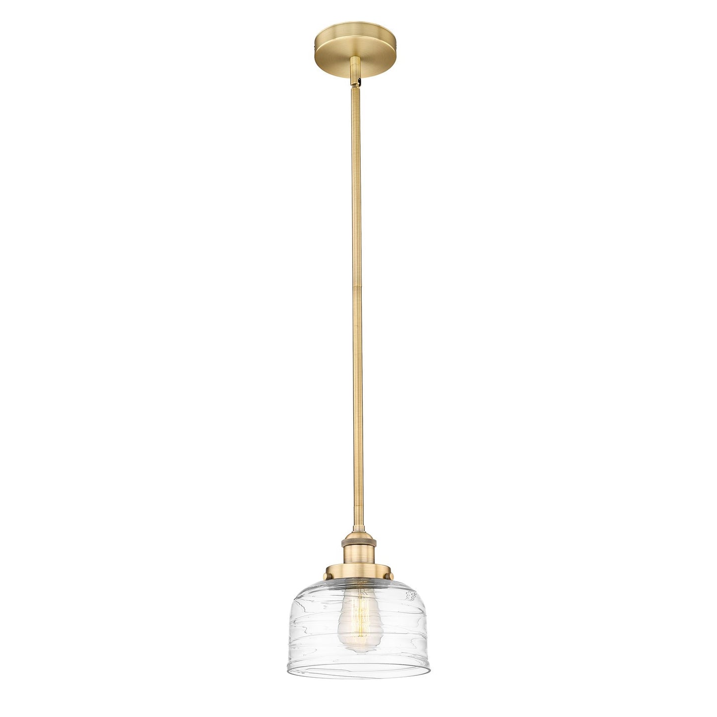 Innovations Bell 8in 1-Light Mini Pendant | Industrial Farmhouse Brushed Brass and Clear Deco Swirl Glass | Kitchen Island & | Model 616-1SH-BB-G713-LED