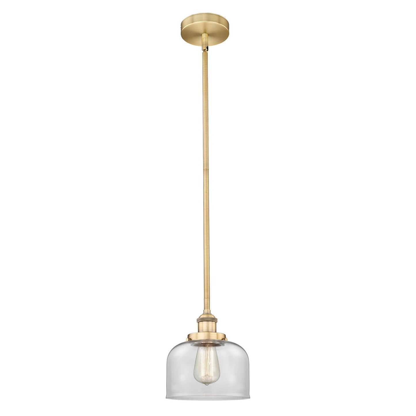 Innovations Bell 8in 1-Light Mini Pendant | Industrial Brushed Brass Steel and Clear Glass | Kitchen Island & Dining Room | Model 616-1SH-BB-G72-LED