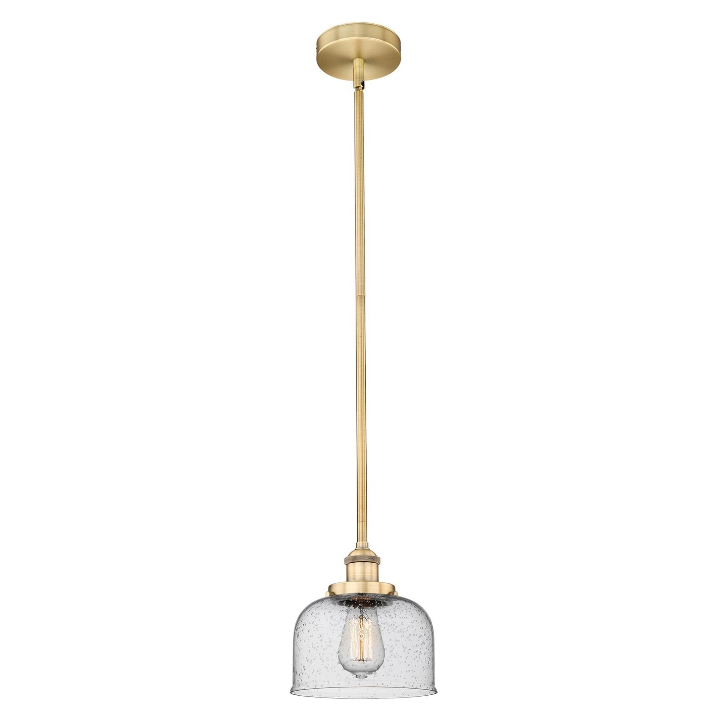 Innovations Bell 8in 1-Light Mini Pendant | Industrial Brushed Brass and Seedy Glass | Kitchen Island & Dining Room | 7.75 x 7.75 x | Model 616-1SH-BB-G74