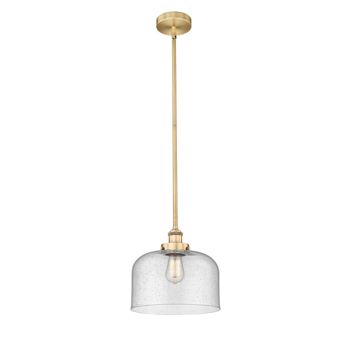 Innovations Bell 12in 1-Light Mini Pendant | Industrial Brushed Brass Steel and Seedy Glass | Kitchen Island & Dining Room | Model 616-1SH-BB-G74-L-LED