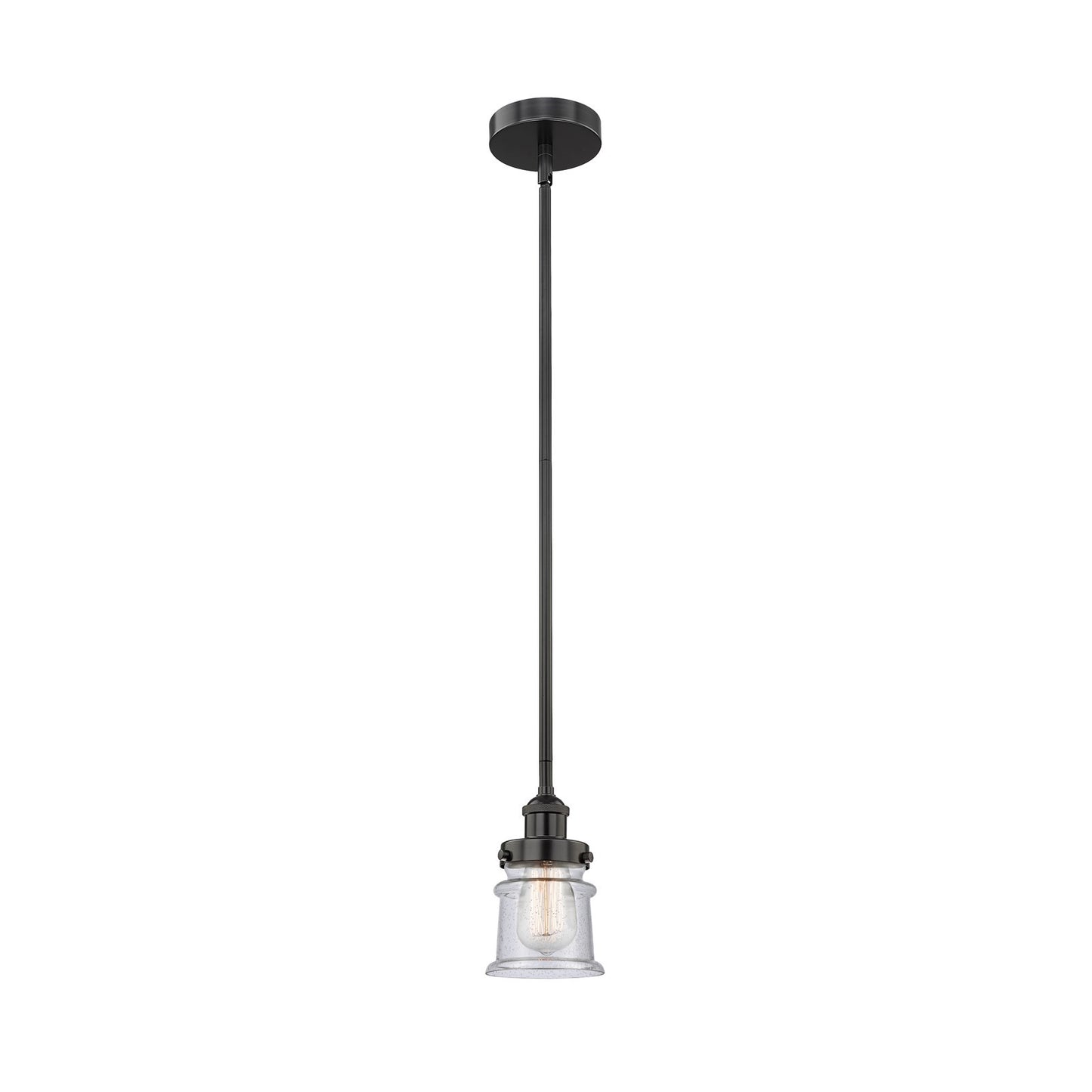 Innovations Canton 5.25in 1-Light Mini Pendant | Industrial Matte Black Steel and Seedy Glass | Kitchen Island & Dining Room | Model 616-1SH-BK-G184S