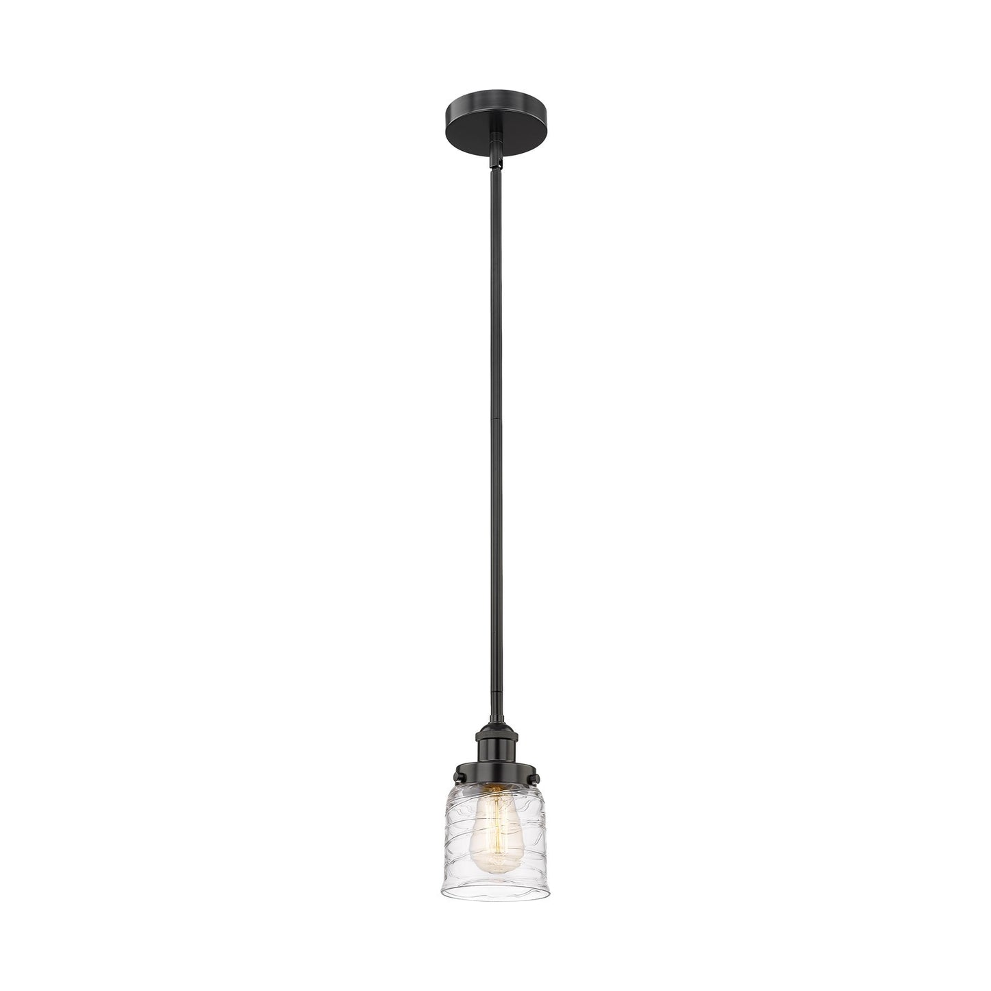 Innovations Bell 5in 1-Light Mini Pendant | Industrial Matte Black Steel and Clear Deco Swirl Glass | Kitchen Island & Dining Room | Model 616-1SH-BK-G513