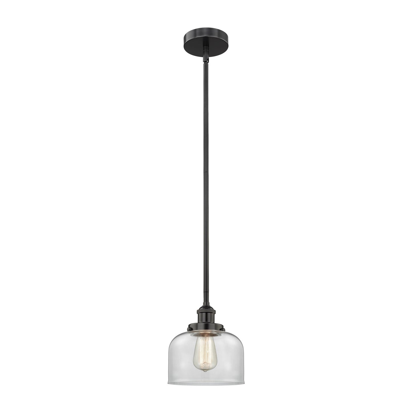 Innovations Bell 8in 1-Light Mini Pendant | Industrial Matte Black Steel and Clear Glass | Kitchen Island & Dining Room | 7.75 x | Model 616-1SH-BK-G72
