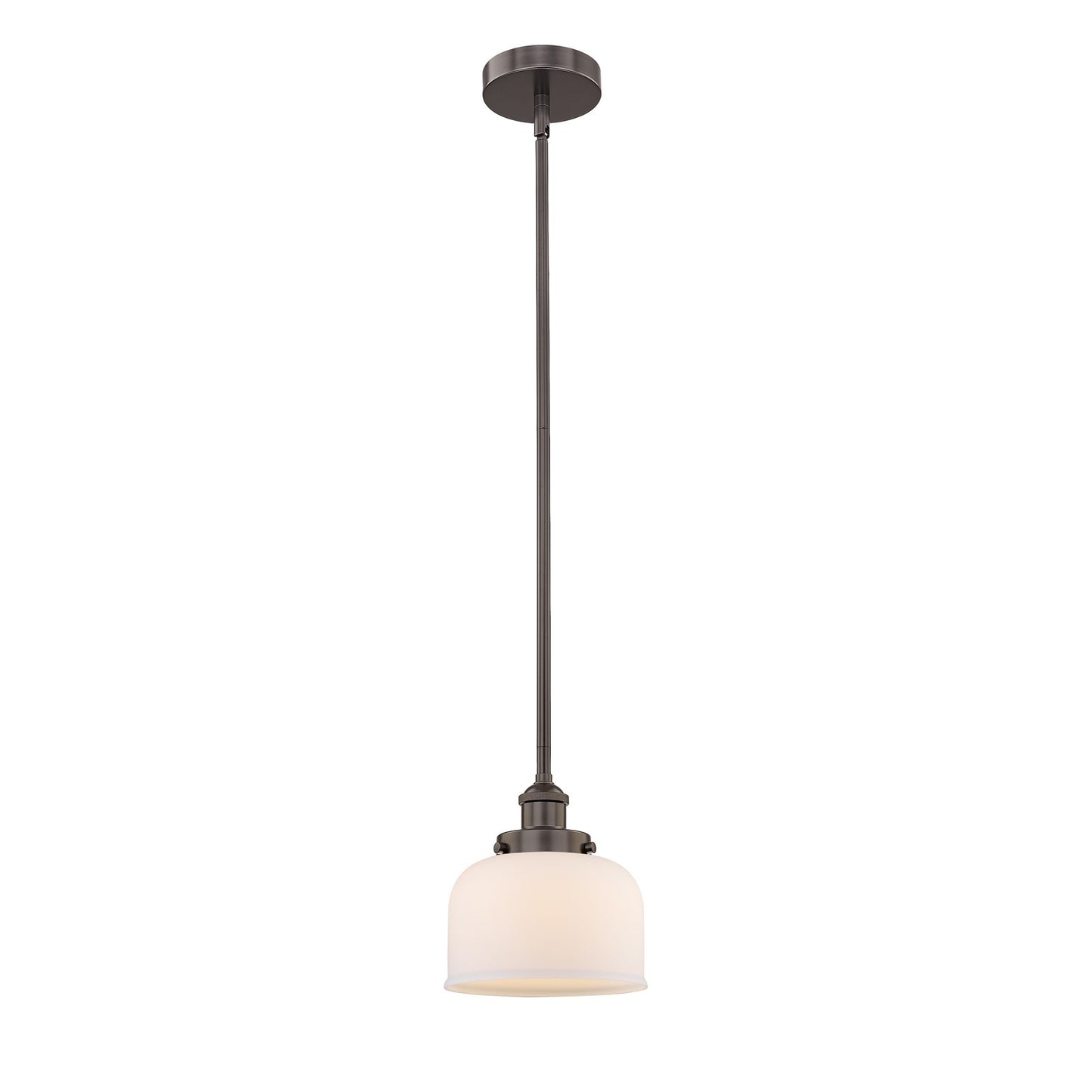 Innovations Bell 8in 1-Light Mini Pendant | Industrial Oil Rubbed Bronze Steel and Matte White Frosted Glass | Kitchen Island & | Model 616-1SH-OB-G71-LED