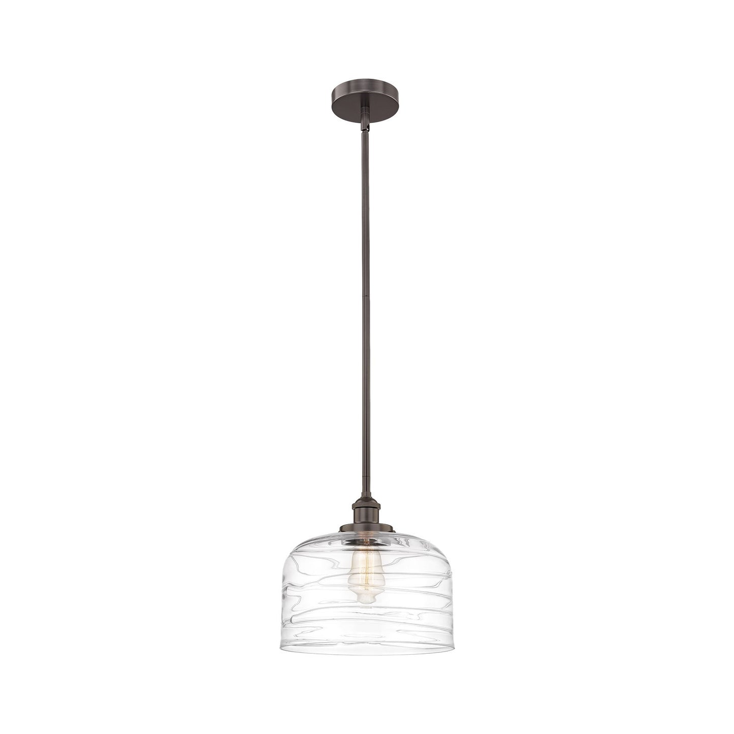 Innovations Bell 12in 1-Light Mini Pendant | Industrial Oil Rubbed Bronze Steel and Clear Deco Swirl Glass | Kitchen Island & | Model 616-1SH-OB-G713-L