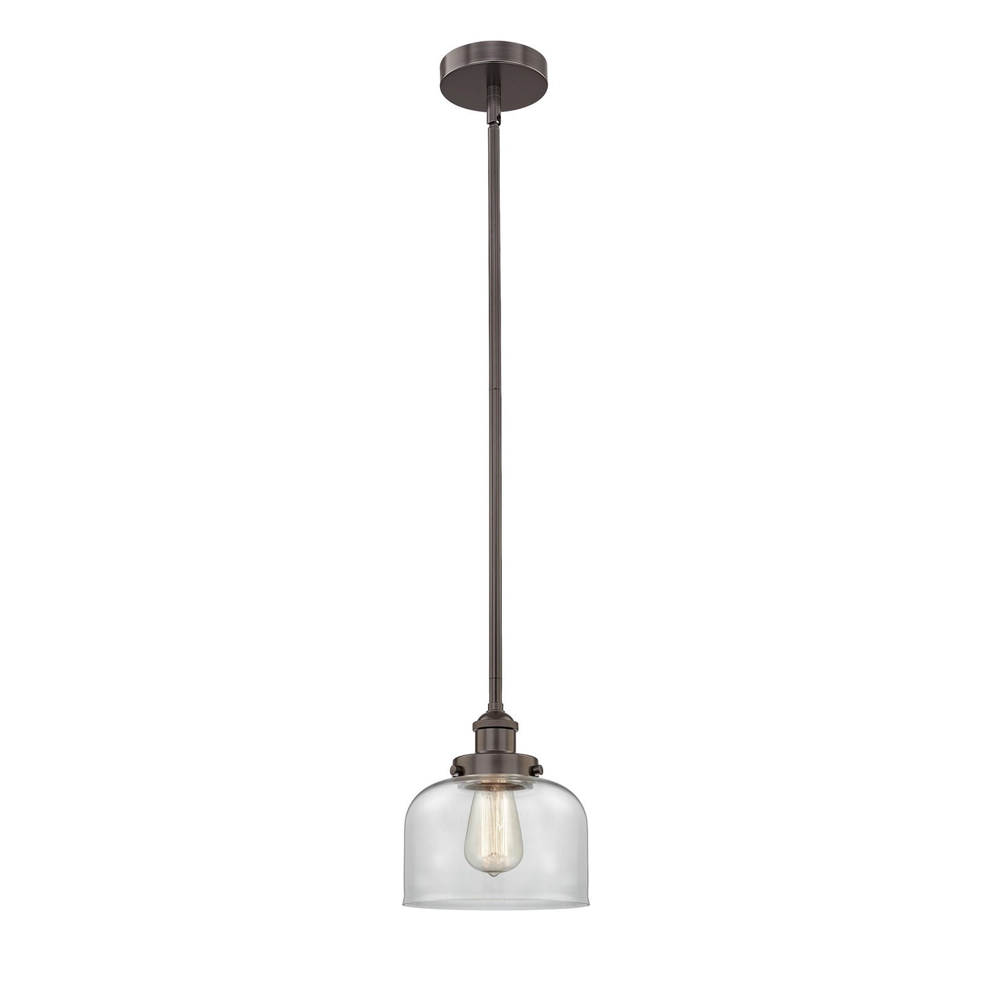 Innovations Bell 8in 1-Light Mini Pendant | Industrial Oil Rubbed Bronze Steel and Clear Glass | Kitchen Island & Dining Room | Model 616-1SH-OB-G72
