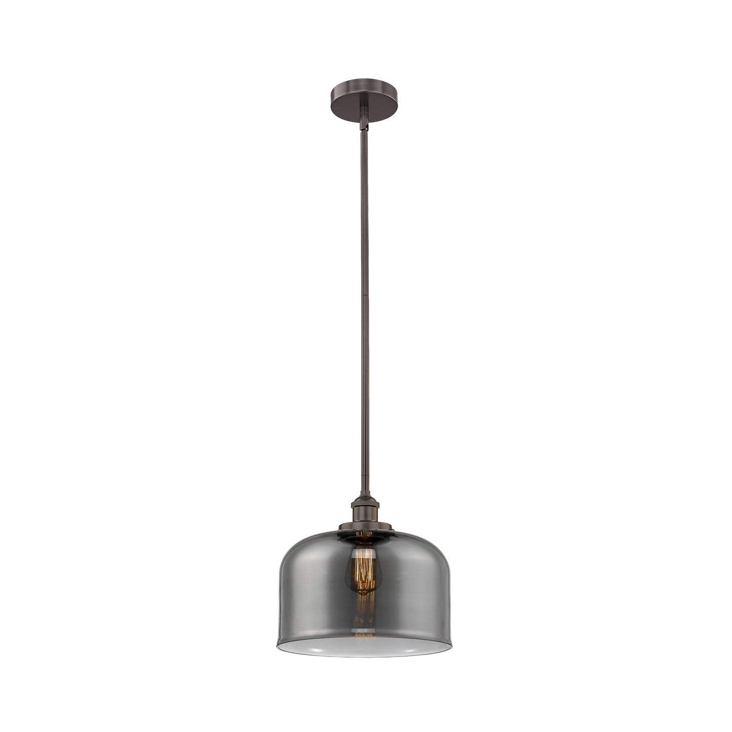 Innovations Bell 12in 1-Light Mini Pendant | Industrial Oil Rubbed Bronze Steel and Light Smoke Glass | Kitchen Island & | Model 616-1SH-OB-G73-L-LED