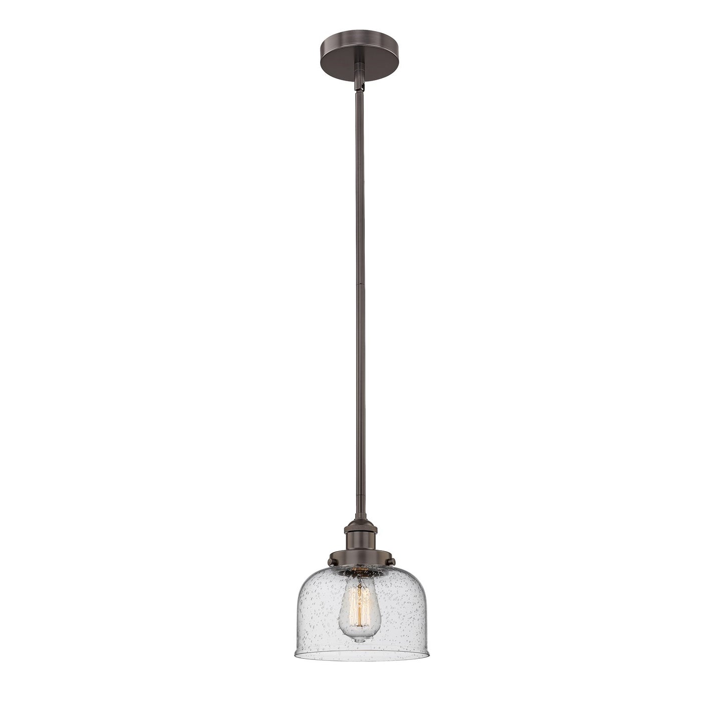 Innovations Bell 8in 1-Light Mini Pendant | Industrial Oil Rubbed Bronze Steel and Seedy Glass | Kitchen Island & Dining Room | Model 616-1SH-OB-G74