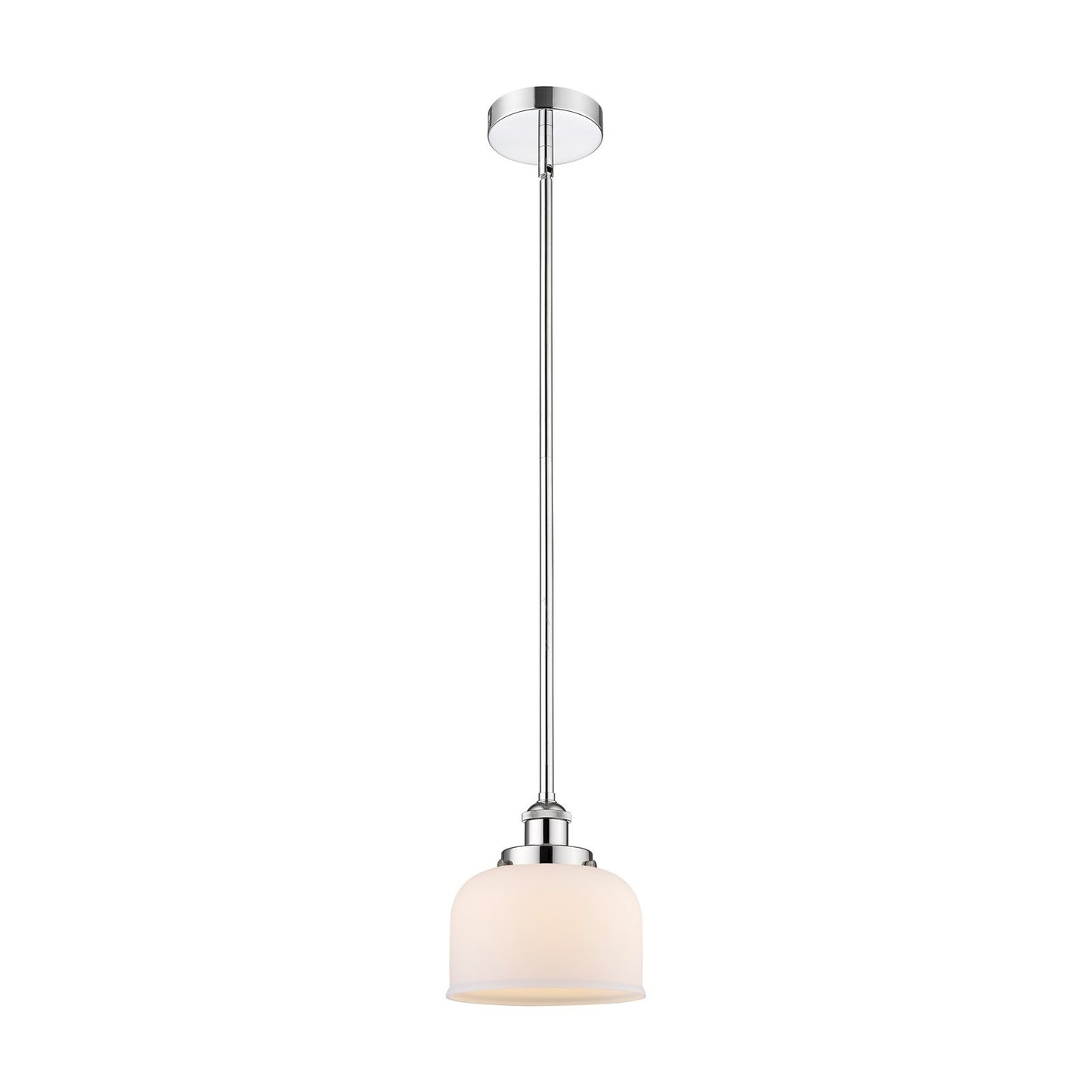 Innovations Bell 8in 1-Light Mini Pendant | Industrial Polished Chrome Steel and Matte White Frosted Glass | Kitchen Island & | Model 616-1SH-PC-G71-LED