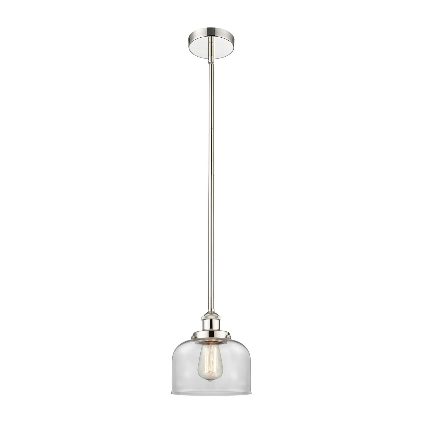 Innovations Bell 8in 1-Light Mini Pendant | Industrial Polished Nickel Steel and Clear Glass | Kitchen Island & Dining Room | Damp | Model 616-1SH-PN-G72