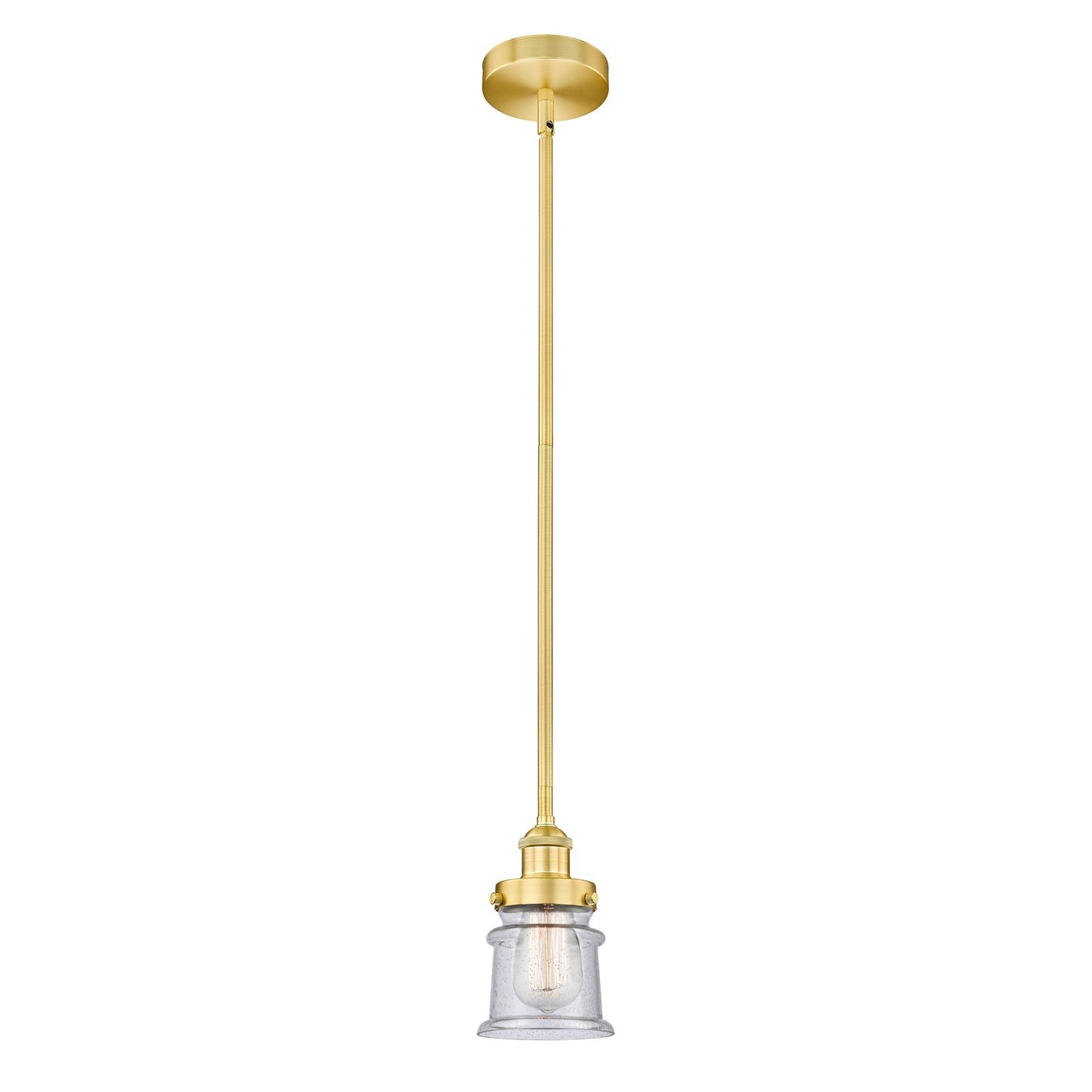 Innovations Canton 5.25in 1-Light Mini Pendant | Industrial Farmhouse Satin Gold Steel and Seedy Glass | Kitchen Island & | Model 616-1SH-SG-G184S-LED