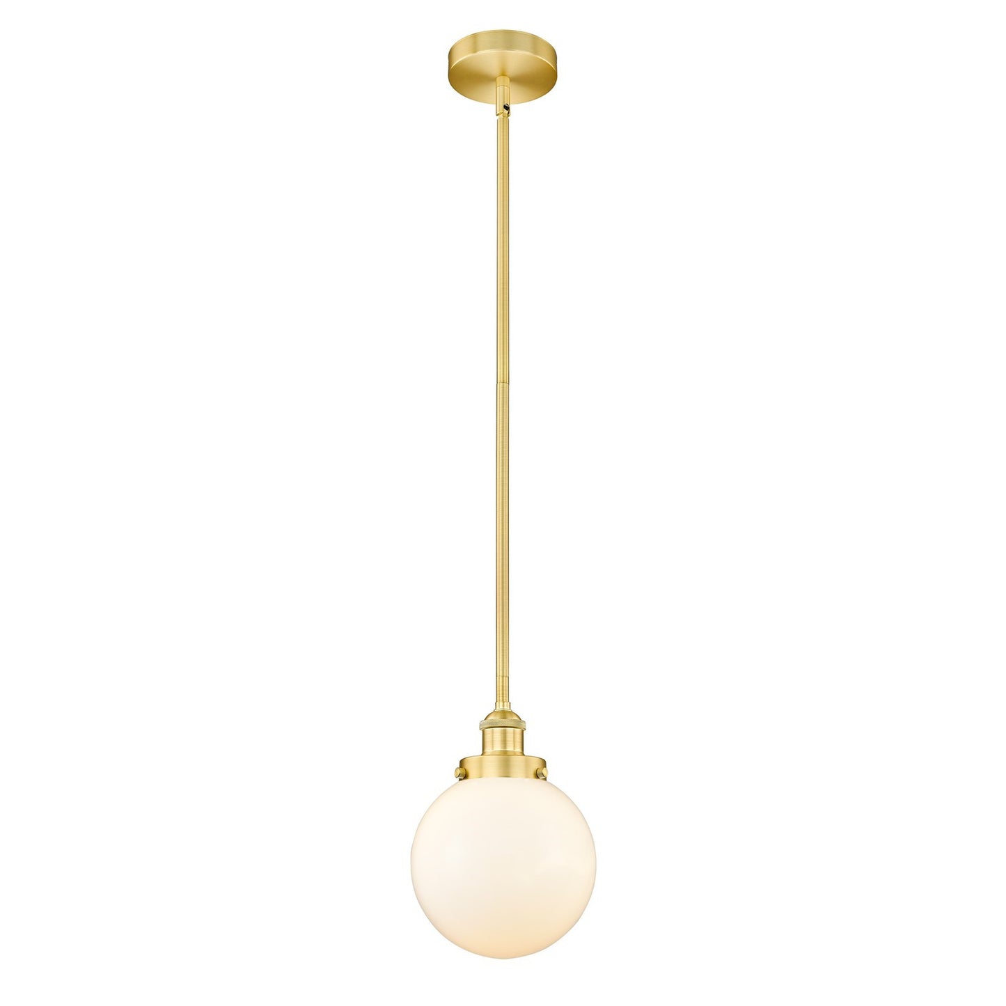 Innovations Beacon 8in 1-Light Mini Pendant | Industrial Satin Gold Steel and Matte White Frosted Glass | Kitchen Island & | Model 616-1SH-SG-G201-8
