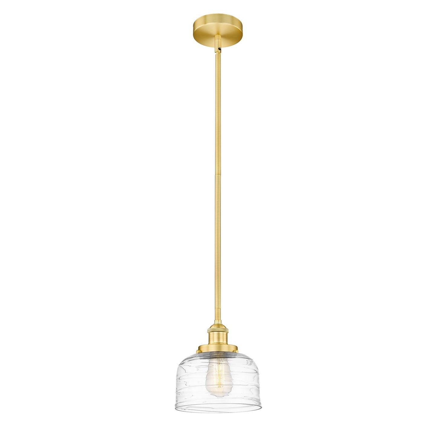 Innovations Bell 8in 1-Light Mini Pendant | Industrial Satin Gold and Clear Deco Swirl Glass | Kitchen Island | 7.75 x 7.75 x 8.25 | Model 616-1SH-SG-G713