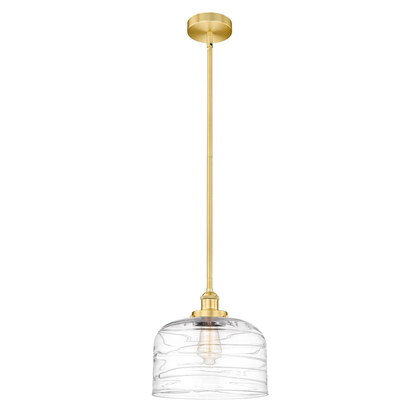 Innovations Bell 12in 1-Light Mini Pendant | Industrial Satin Gold Steel and Clear Deco Swirl Glass | Kitchen Island & Dining | Model 616-1SH-SG-G713-L