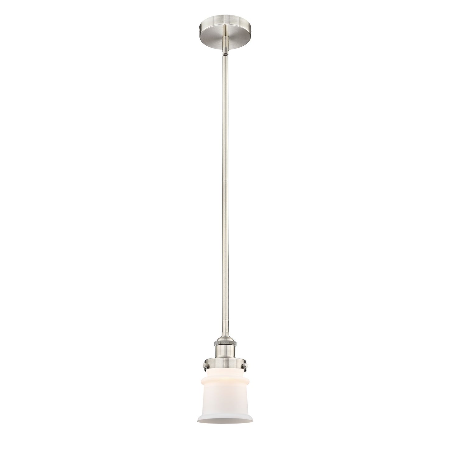 Innovations Canton 5.25in 1-Light Mini Pendant | Industrial Brushed Satin Nickel and Matte White Frosted Glass | Kitchen Island & | Model 616-1SH-SN-G181S