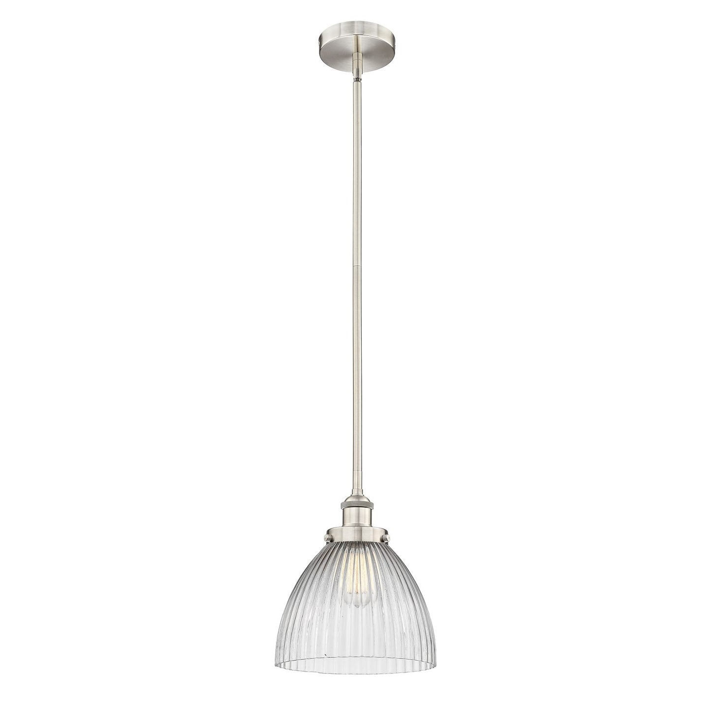 Innovations Seneca Falls 10in 1-Light Mini Pendant | Traditional Industrial Brushed Satin Nickel and Clear Halophane Glass | Model 616-1SH-SN-G222-LED