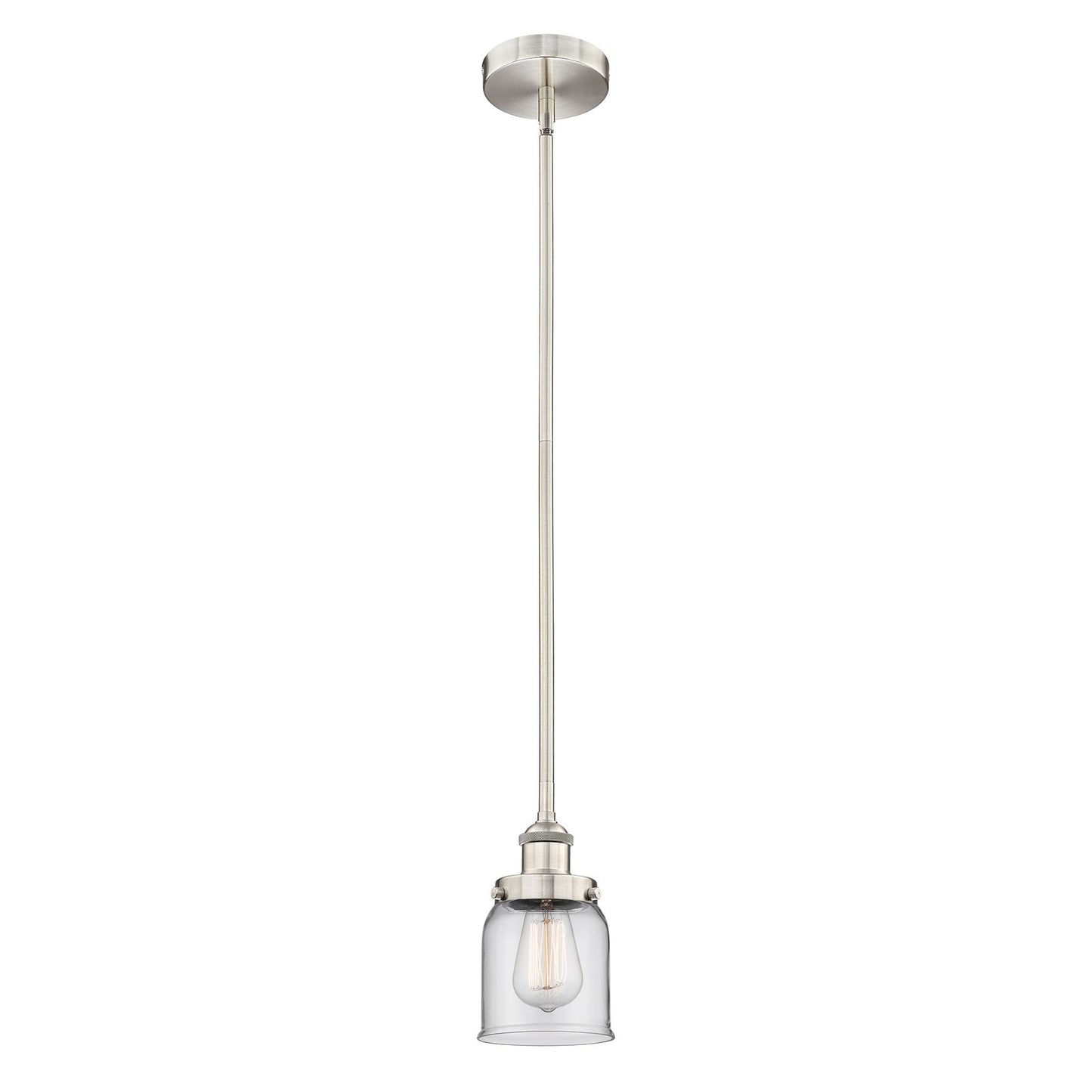 Innovations Bell 5in 1-Light Mini Pendant | Industrial Brushed Satin Nickel Steel and Clear Glass | Kitchen Island & Dining | Model 616-1SH-SN-G52-LED