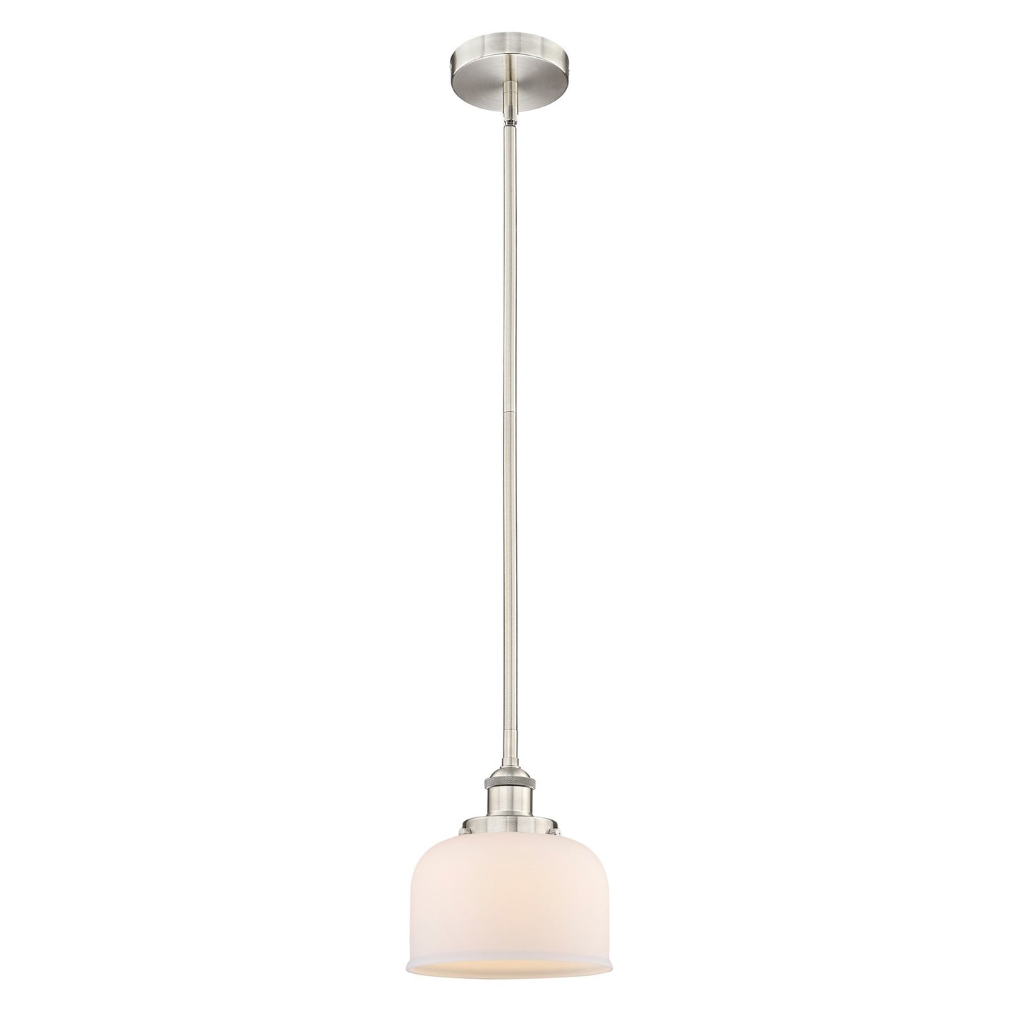 Innovations Bell 8in 1-Light Mini Pendant | Industrial Brushed Satin Nickel and Matte White Frosted Glass | Kitchen Island & Dining | Model 616-1SH-SN-G71
