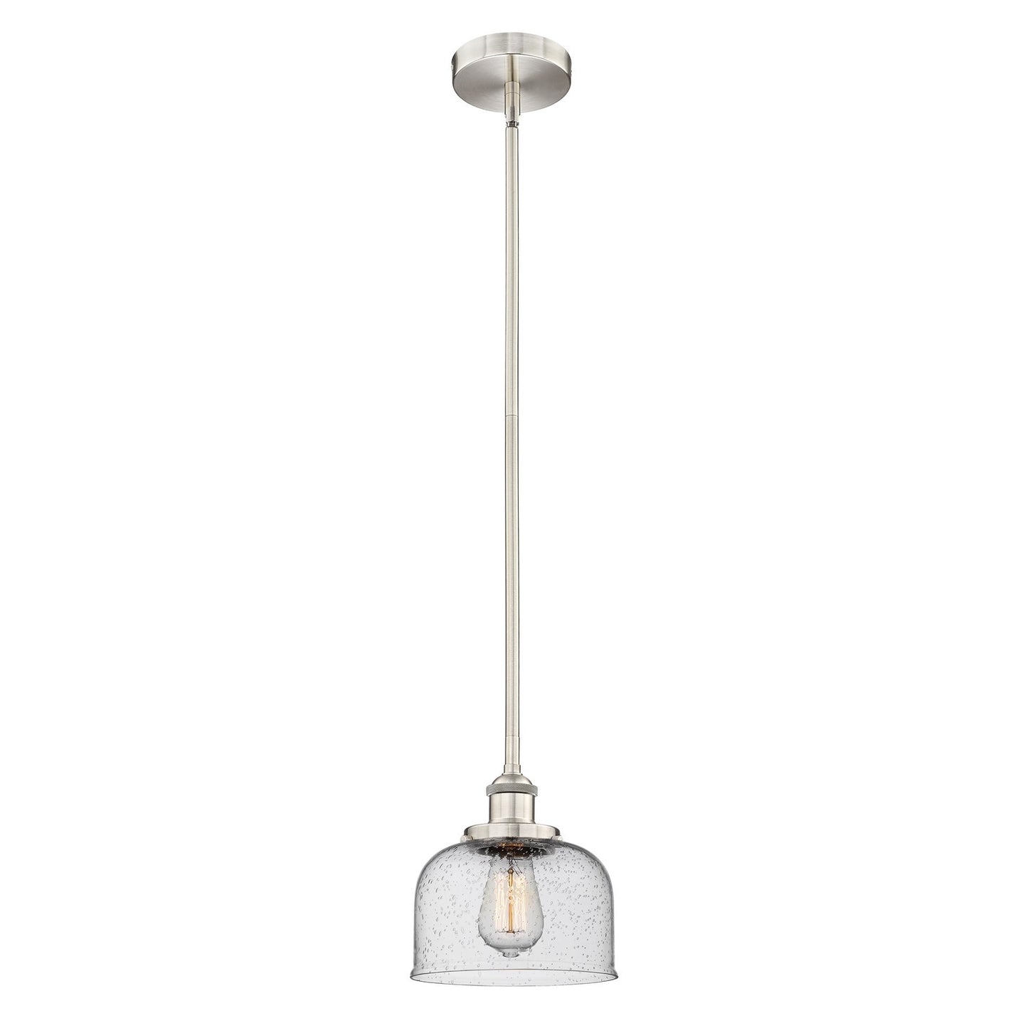Innovations Bell 8in 1-Light Mini Pendant | Industrial Brushed Satin Nickel Steel and Seedy Glass | Kitchen Island & Dining Room | Model 616-1SH-SN-G74