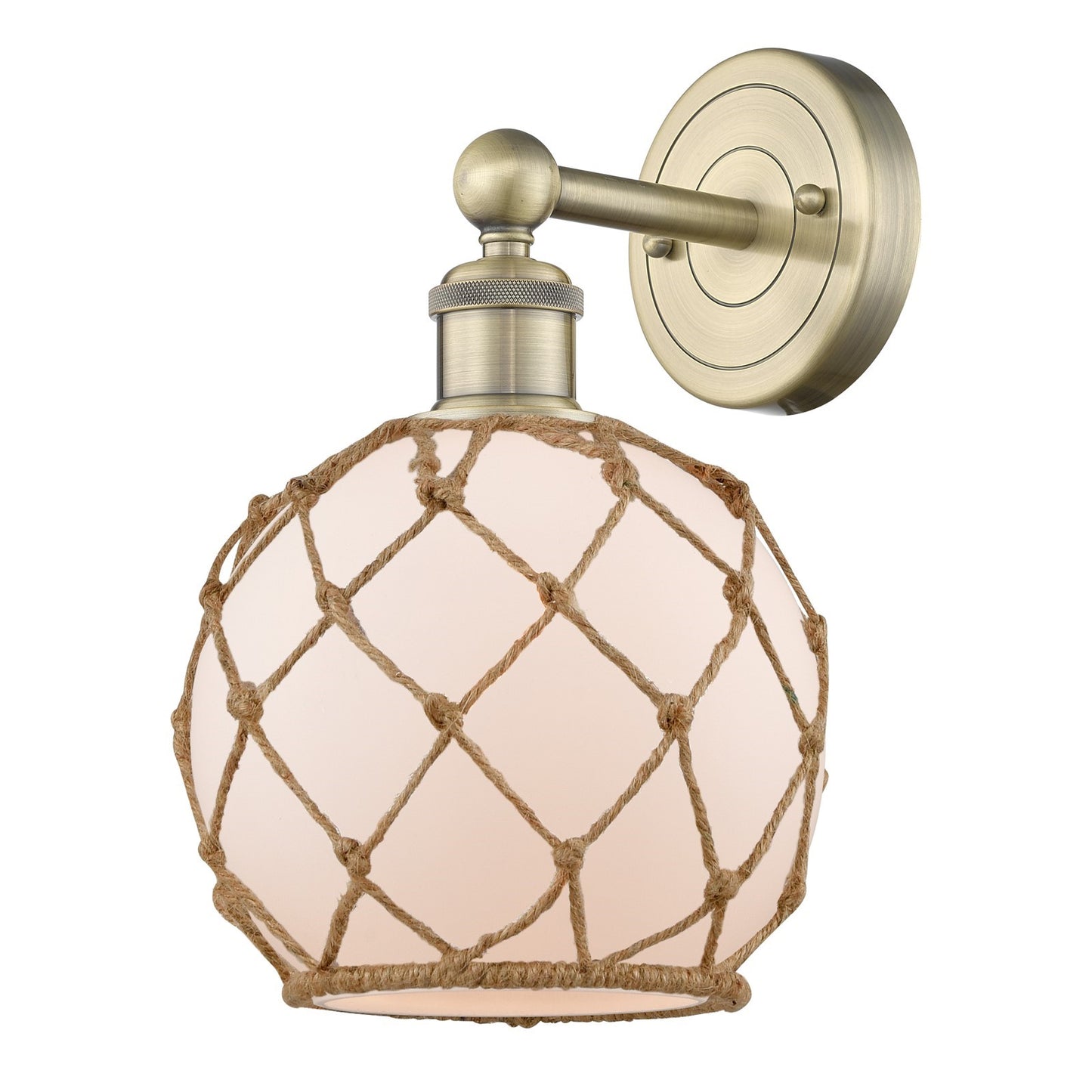 Innovations Farmhouse Rope 8in 1-Light Wall Sconce | Industrial Antique Brass Steel and White Frosted Glass with Brown Rope | Model 616-1W-AB-G121-8RB