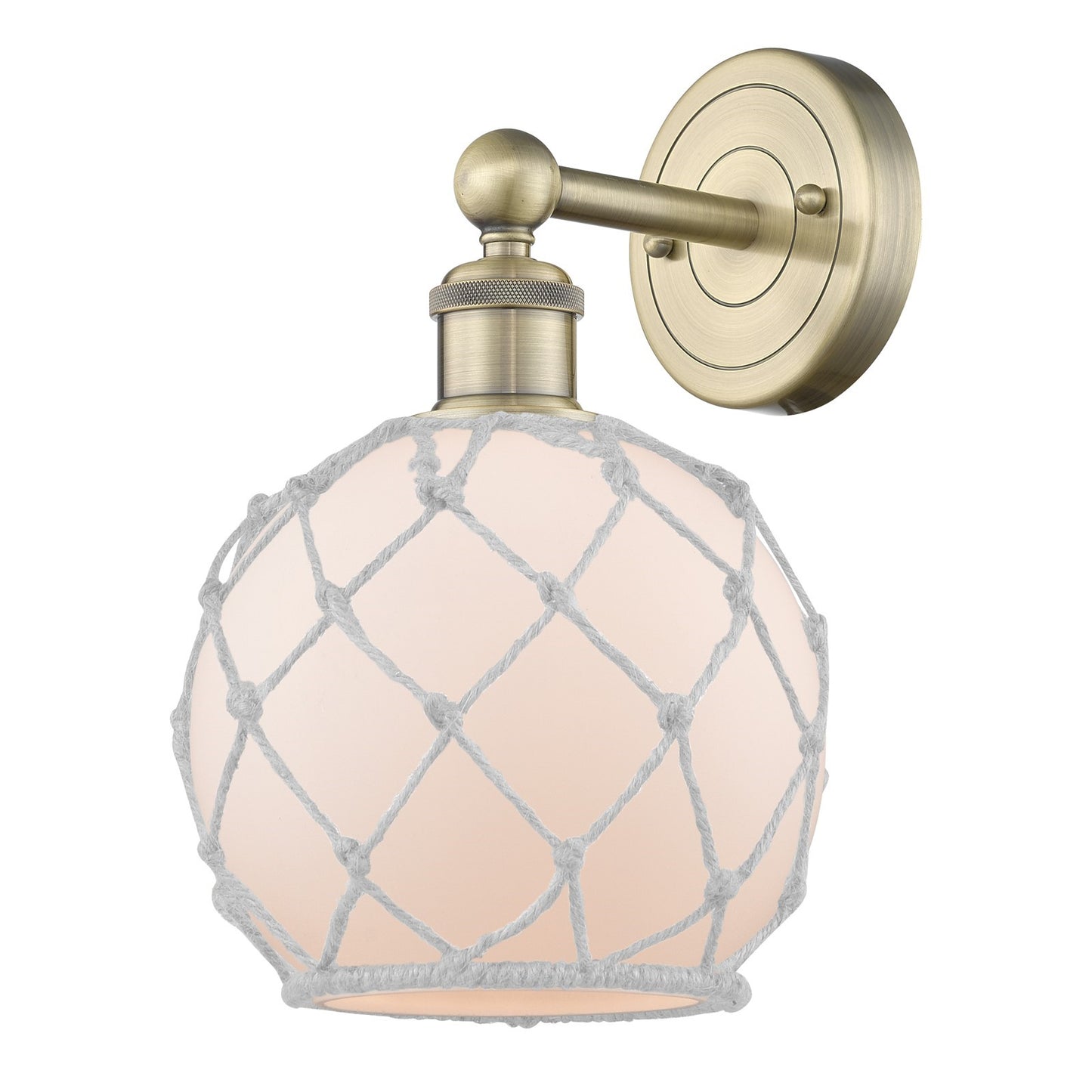 Innovations Farmhouse Rope 8in 1-Light Wall Sconce | Industrial Antique Brass Steel and White Frosted Glass with Rope | Model 616-1W-AB-G121-8RW