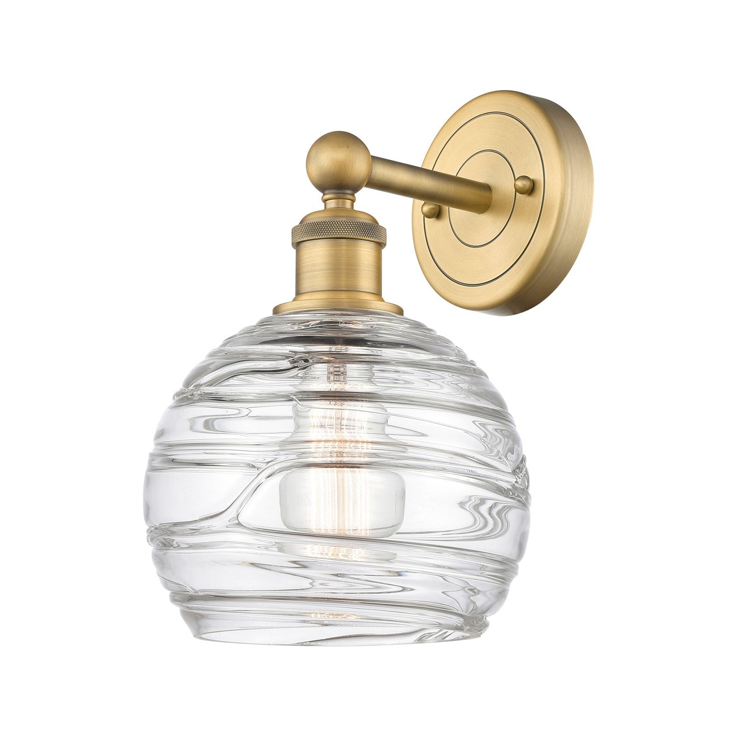 Innovations Athens Deco Swirl 8in 1-Light Wall Sconce | Industrial Brushed Brass Steel and Clear Deco Swirl Glass | Bathroom & | Model 616-1W-BB-G1213-8CL