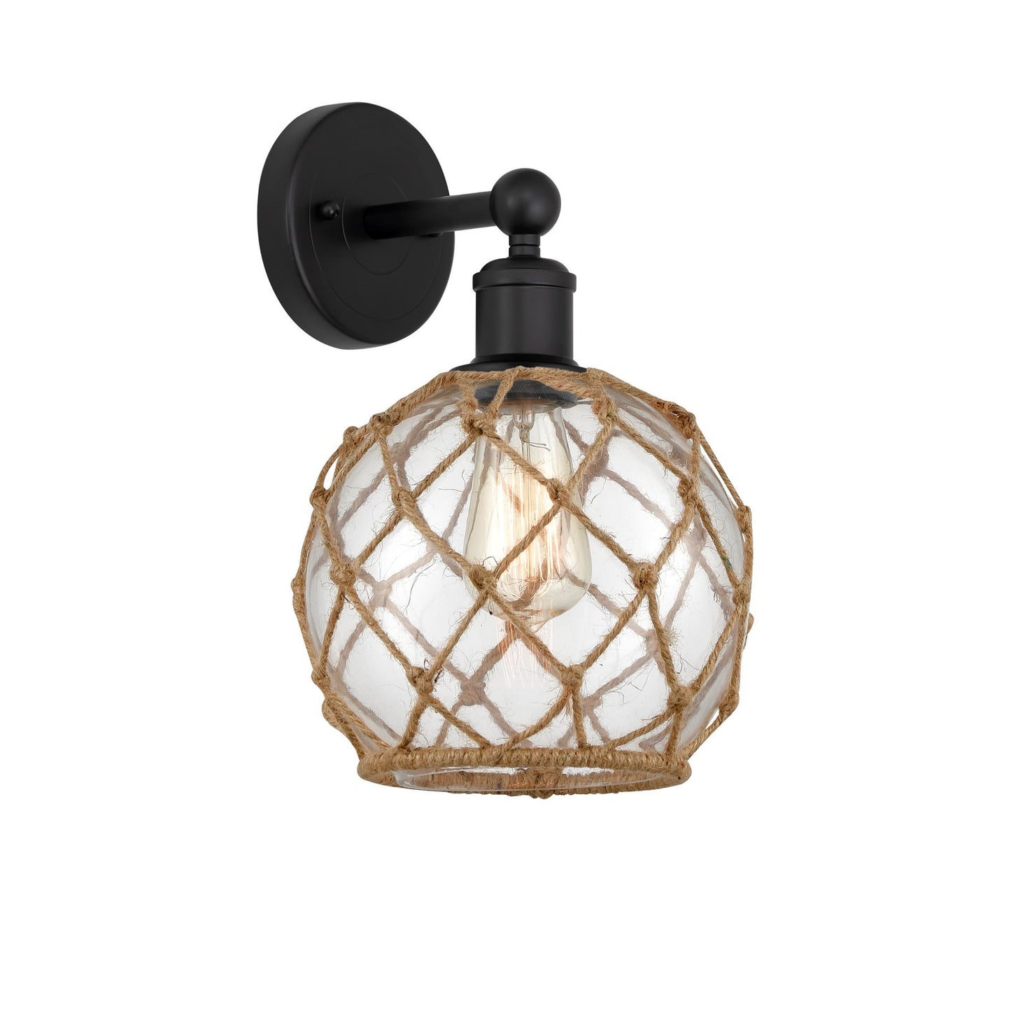 Innovations Farmhouse Rope 8in 1-Light Wall Sconce | Industrial Matte Black Steel and Clear Glass with Brown Rope | Bathroom & | Model 616-1W-BK-G122-8RB