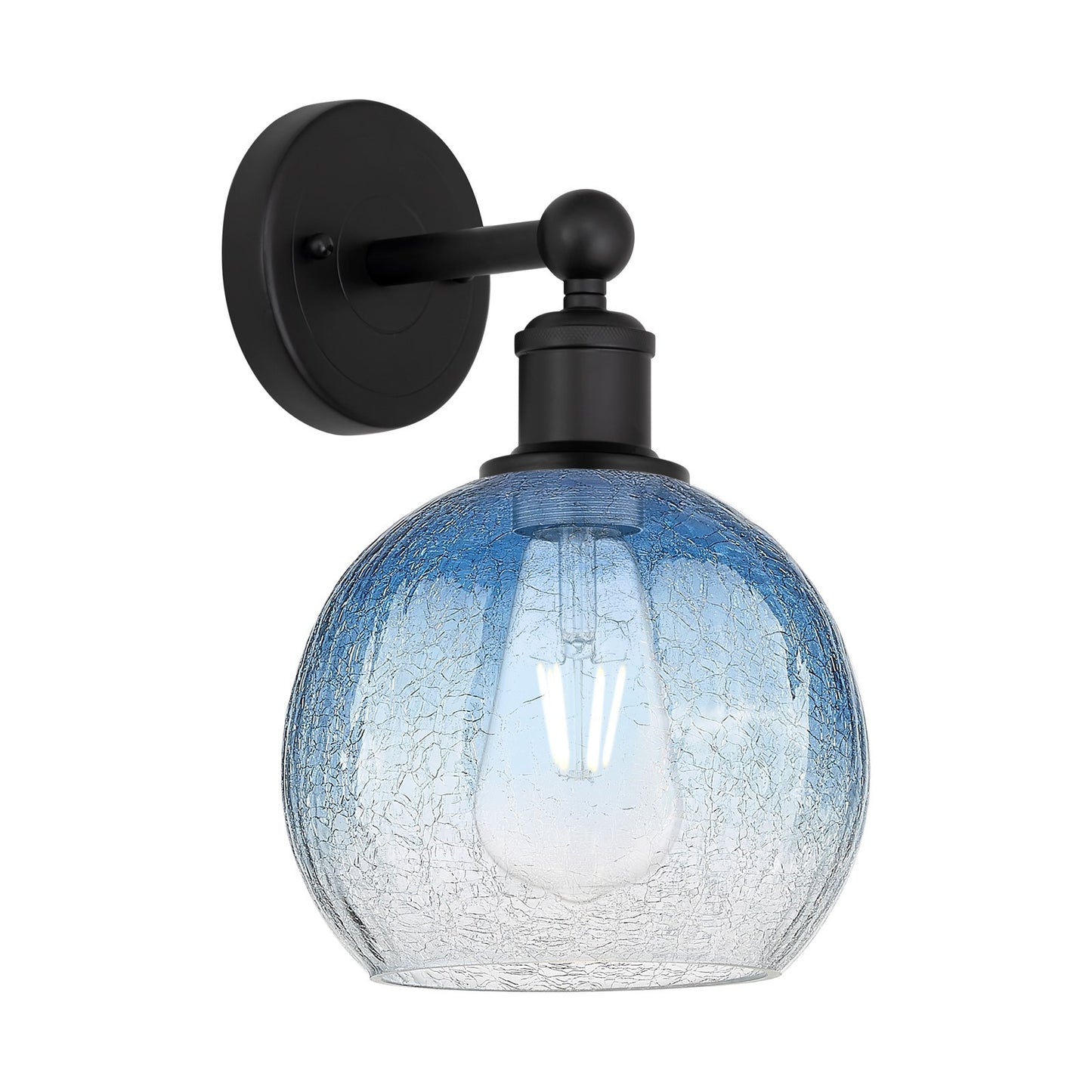 Innovations Brookhaven Globe 8in 1-Light Wall Sconce | Industrial Matte Black Steel and Sapphire Blue Glass | Damp-Rated Living | Model 616-1W-BK-G483-8SB