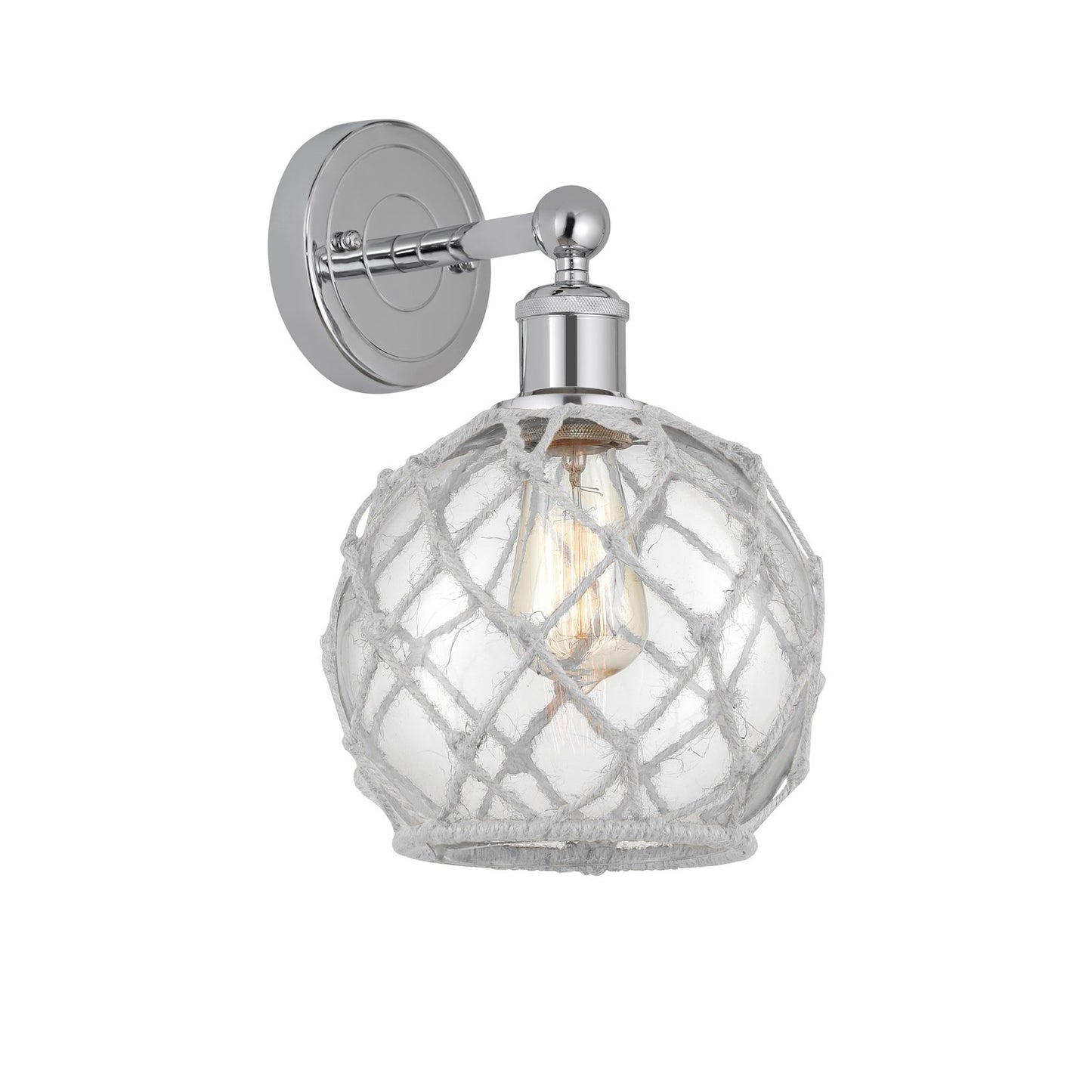 Innovations Farmhouse Rope 8in 1-Light Wall Sconce | Industrial Polished Chrome Steel and Clear Glass with White Rope | Model 616-1W-PC-G122-8RW