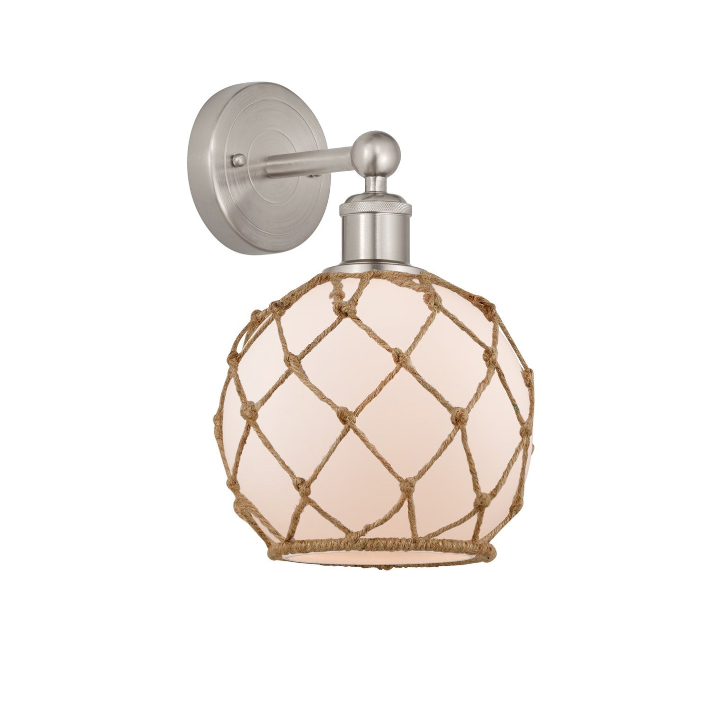 Innovations Farmhouse Rope 8in 1-Light Wall Sconce | Industrial Brushed Satin Nickel and White Glass with Brown Rope | Bathroom | Model 616-1W-SN-G121-8RB