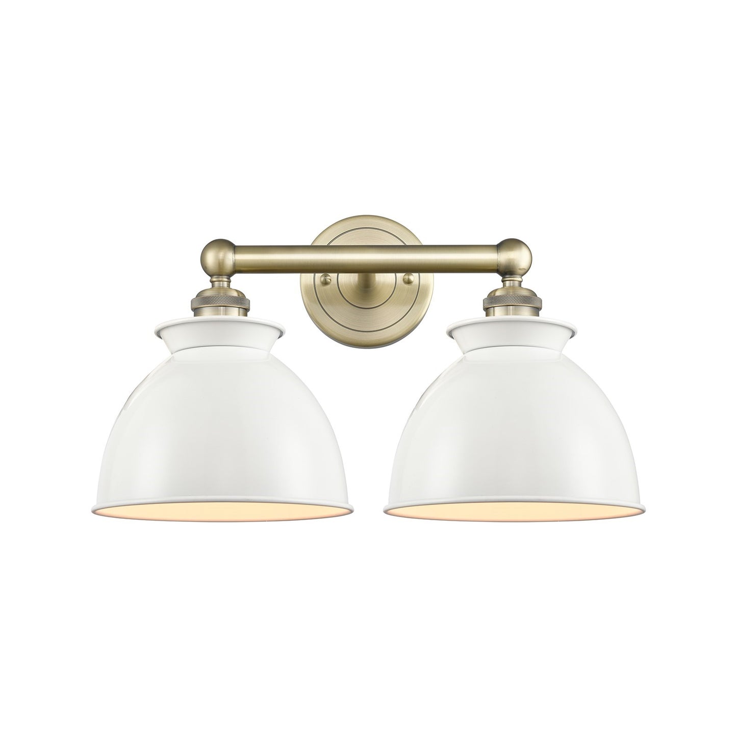 Innovations Adirondack 17in 2-Light Bath Vanity | Industrial Farmhouse Antique Brass and Glossy White Metal Shade | Bathroom | Model 616-2W-AB-M14-W
