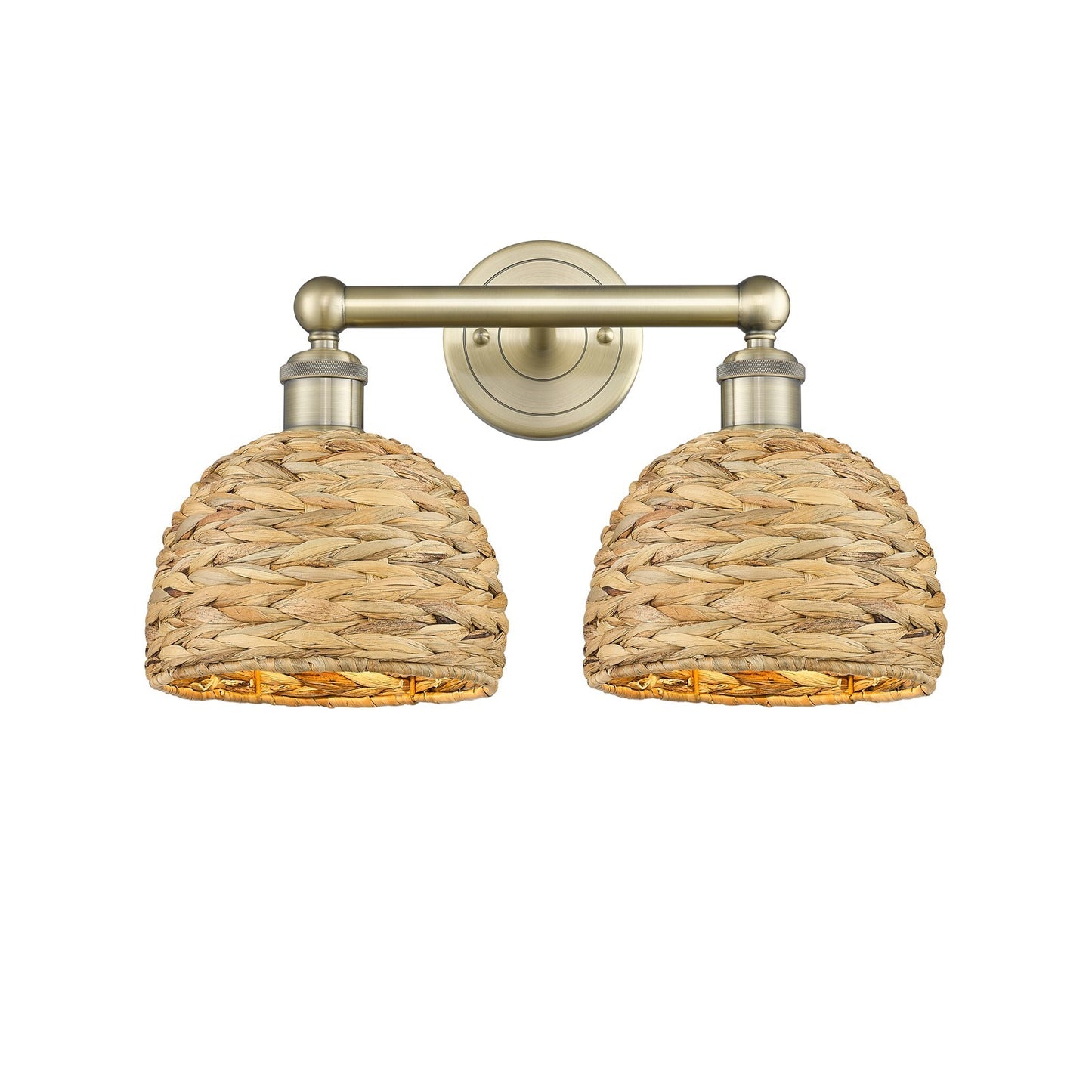 Innovations Woven Rattan 17in 2-Light Bath Vanity Light | Industrial Antique Brass and Natural Fiber Shade | Bathroom Vanity | Model 616-2W-AB-RBD-8-NAT