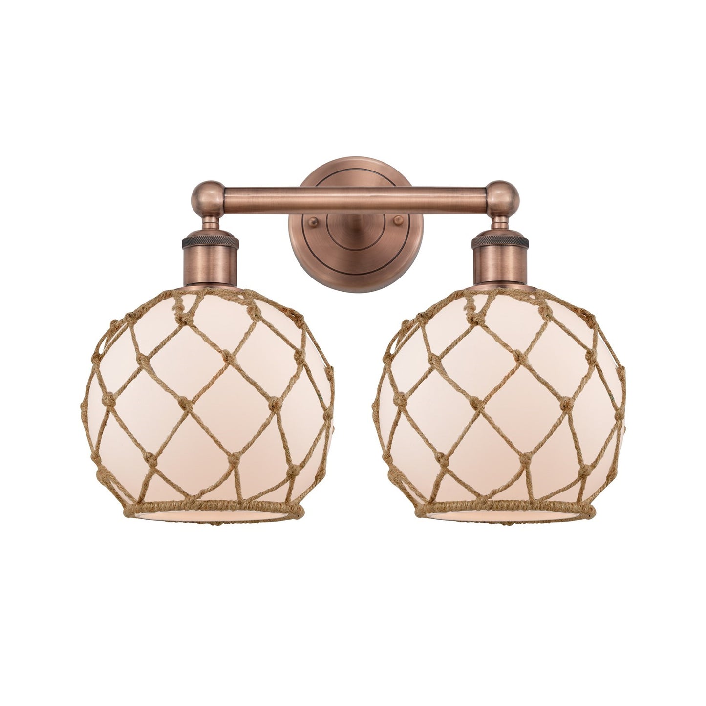 Innovations Farmhouse Rope 17in 2-Light Bath Vanity | Industrial Antique Copper Steel and White Glass with Brown Rope | Model 616-2W-AC-G121-8RB