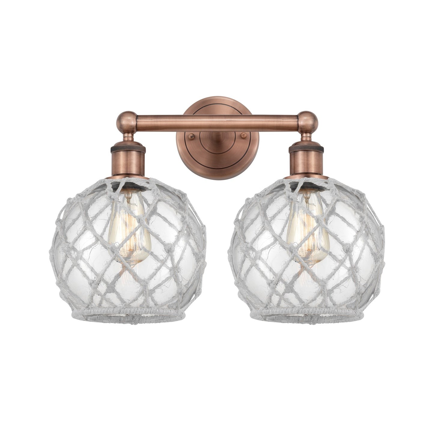 Innovations Farmhouse Rope 17in 2-Light Bath Vanity Light | Industrial Antique Copper Steel and Clear Glass with White Rope | Model 616-2W-AC-G122-8RW