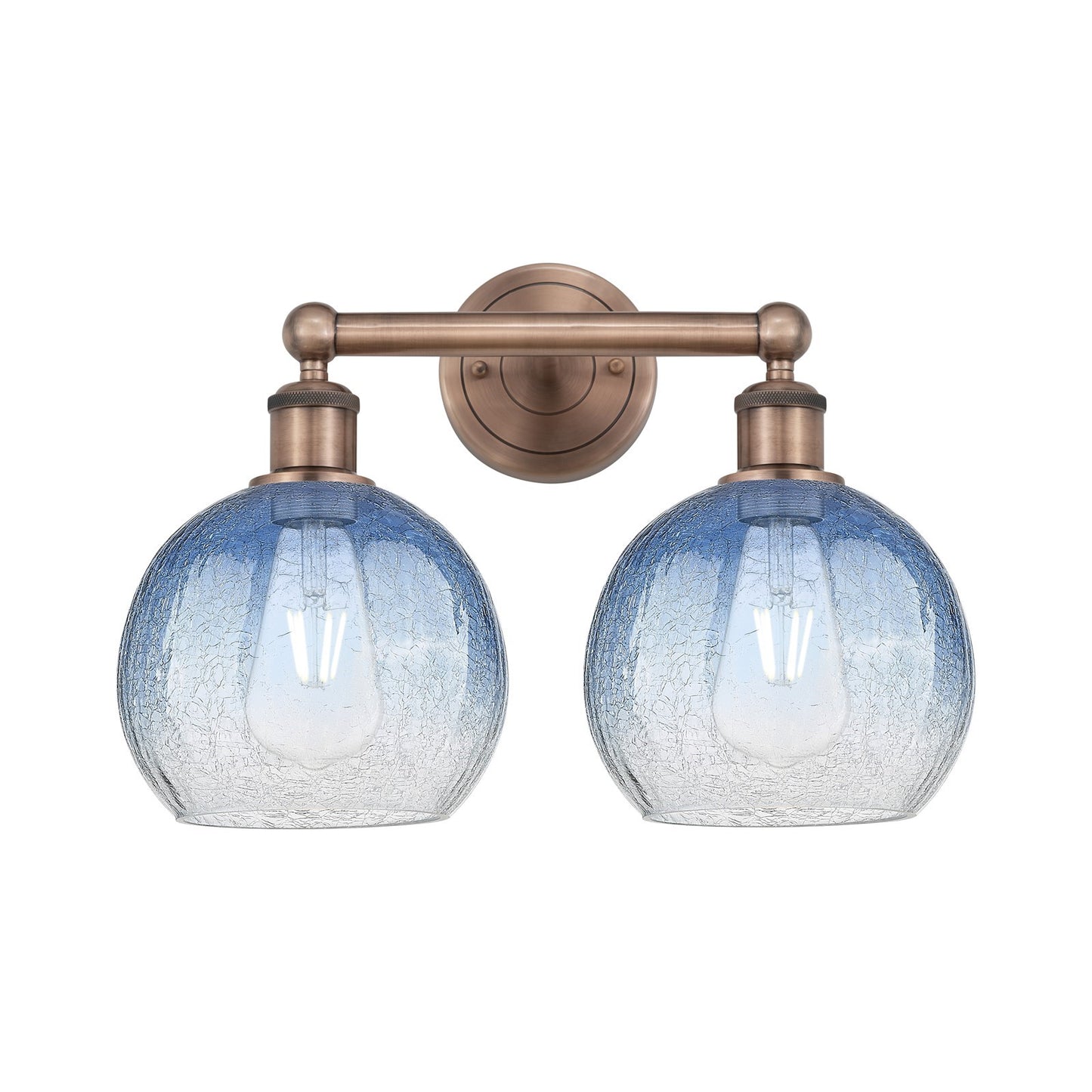 Innovations Brookhaven Globe 17in 2-Light Bath Vanity Light | Industrial Antique Copper Steel and Sapphire Blue Glass | Damp | Model 616-2W-AC-G483-8SB