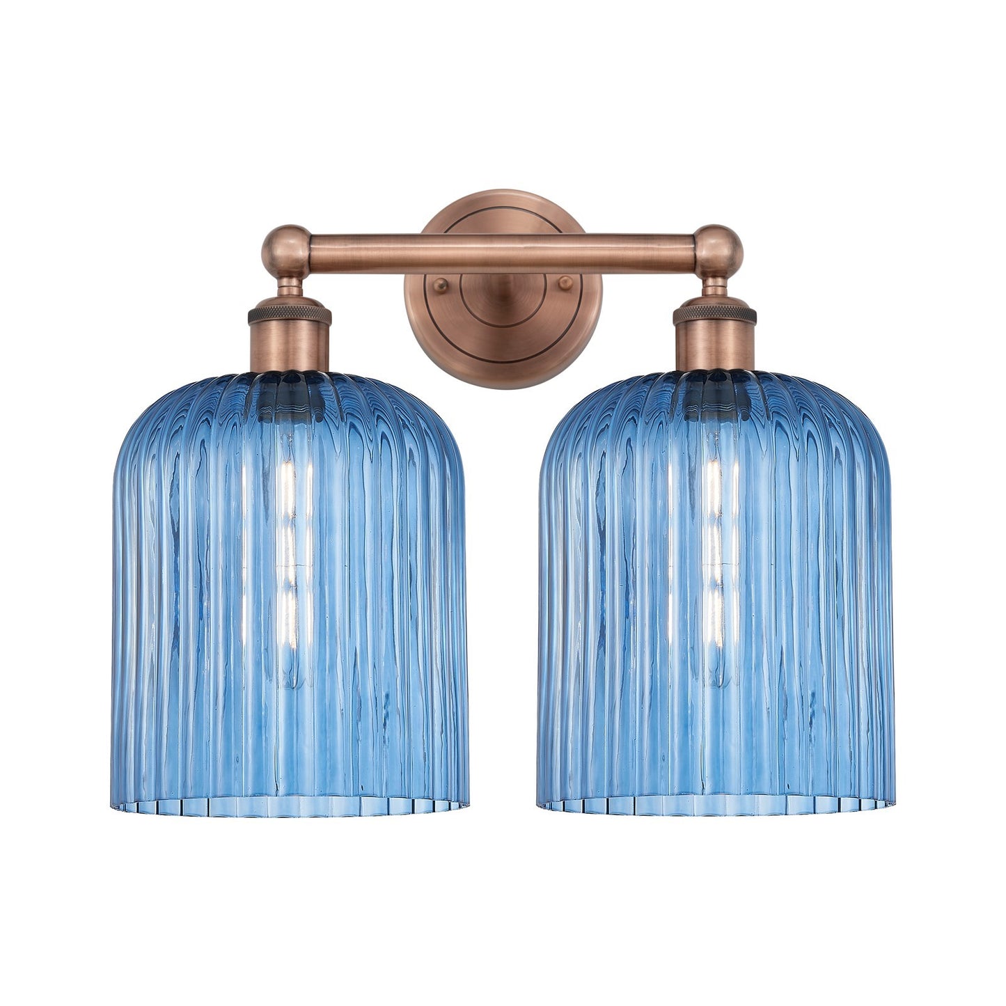 Innovations Bridal Veil 14in 2-Light Bath Vanity Light | Art Nouveau Antique Copper and Princess Blue Ribbed Glass | Bathroom | Model 616-2W-AC-G559-8BL