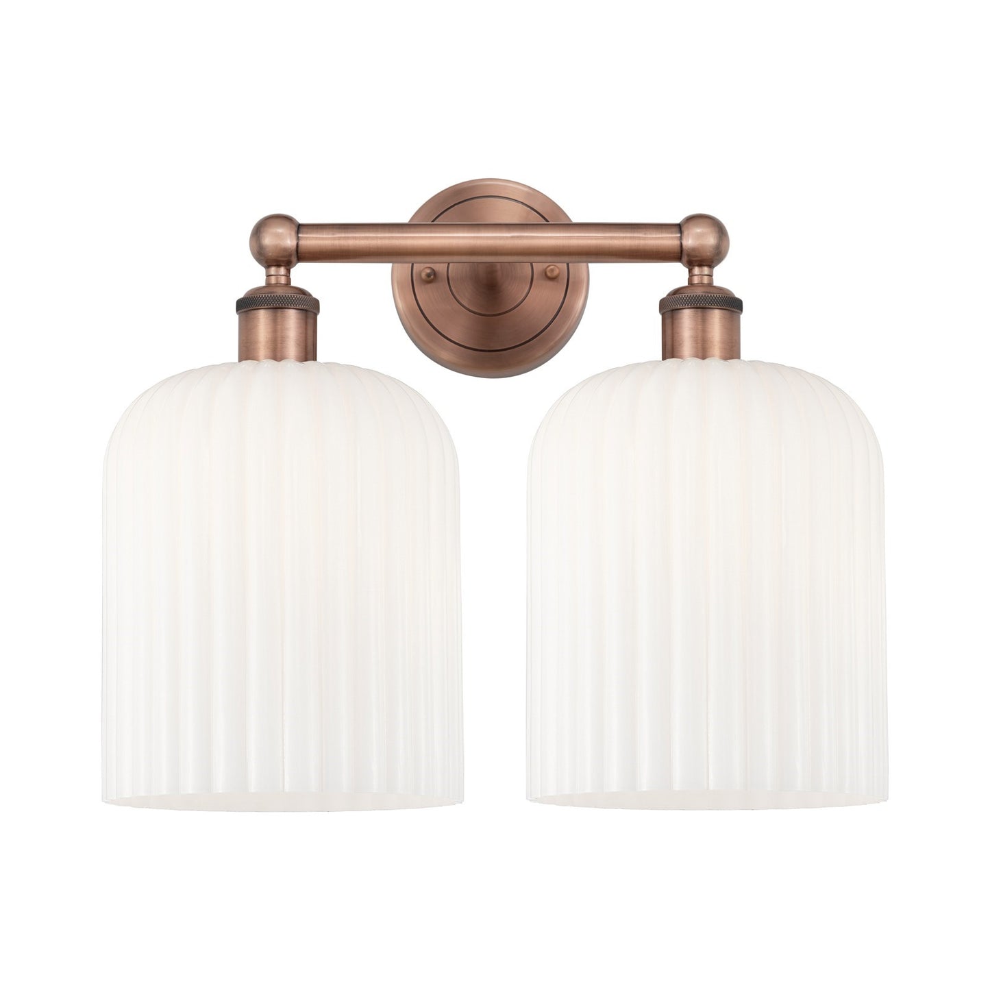 Innovations Bridal Veil 14in 2-Light Bath Vanity Light | Art Nouveau Antique Copper and Gloss White Ribbed Glass | Damp Rated | Model 616-2W-AC-G559-8GWH