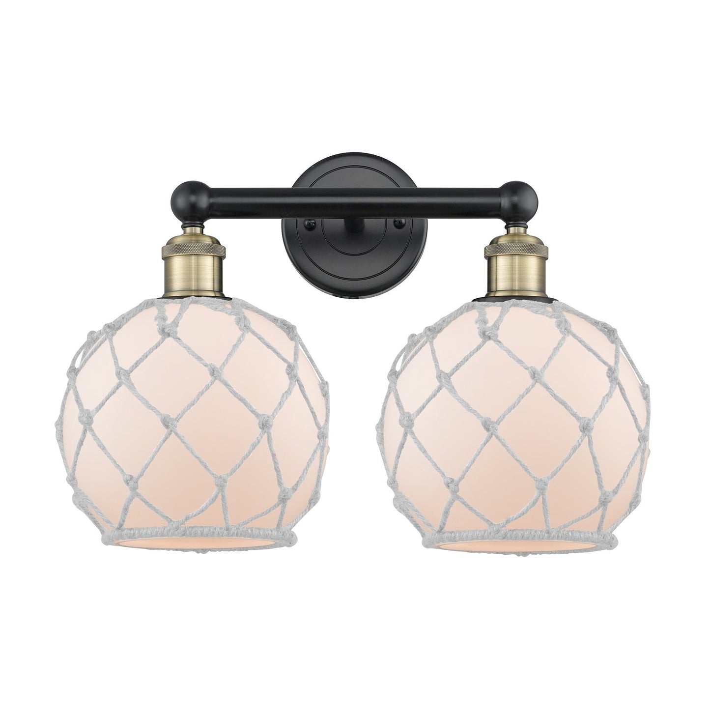 Innovations Farmhouse Rope 17in 2-Light Bath Vanity Light | Industrial Black Antique Brass and White Frosted Glass Rope Shade | Model 616-2W-BAB-G121-8RW